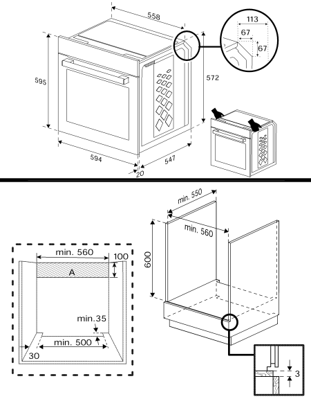 Dibujo técnico de un horno empotrado con dimensiones y detalles de instalación.