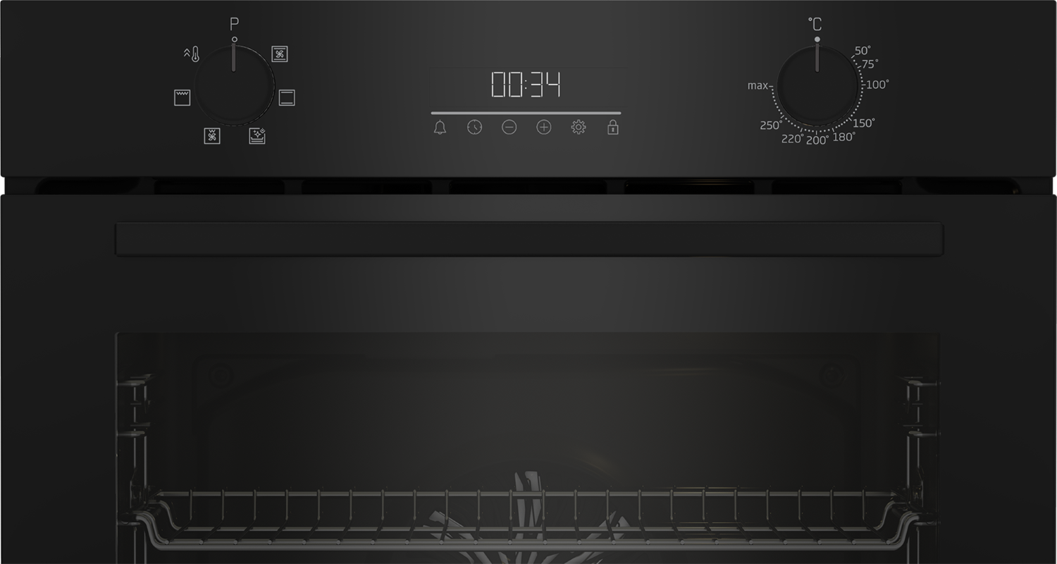 Un horno negro con pantalla digital mostrando 00:34.