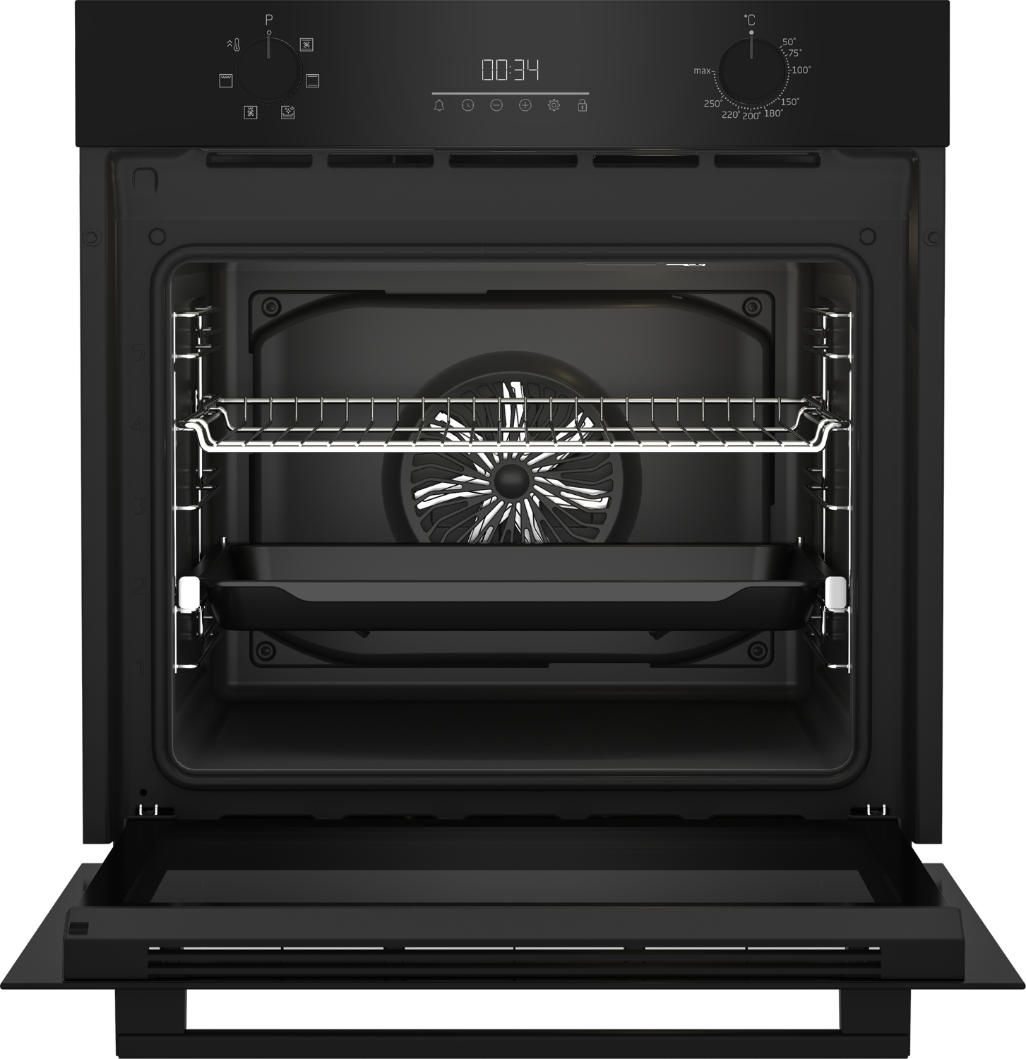 Un horno empotrado negro abierto con rejilla, bandeja y ventilador.