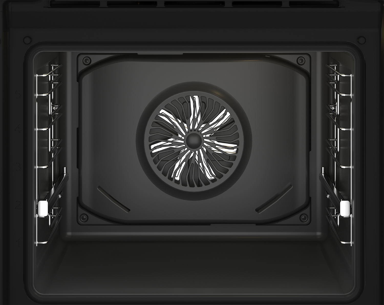 Interior de un horno oscuro con ventilador y guías para rejilla. Limpio y vacío.