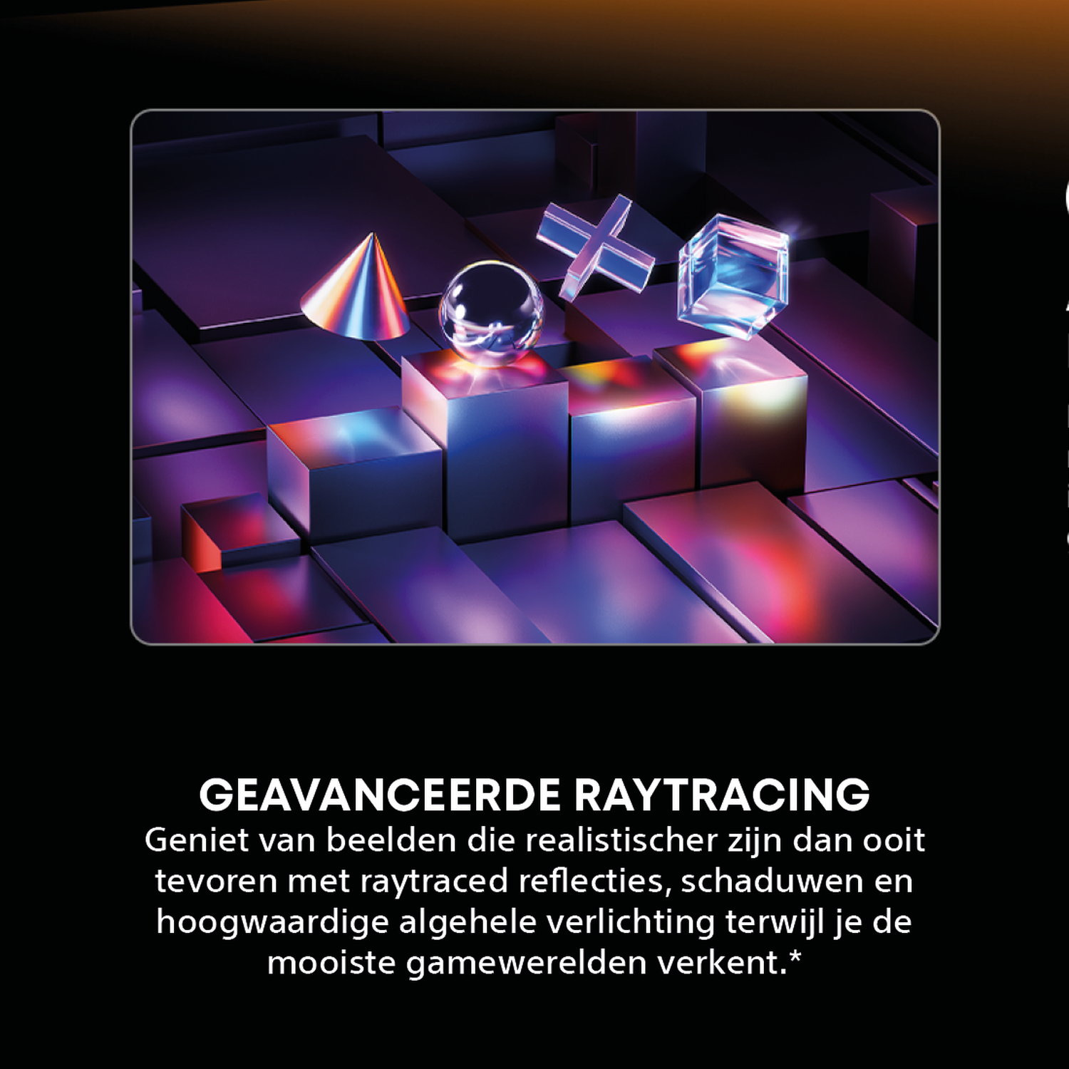 3D-vormen op een donker, reflecterend oppervlak met neonlichten.