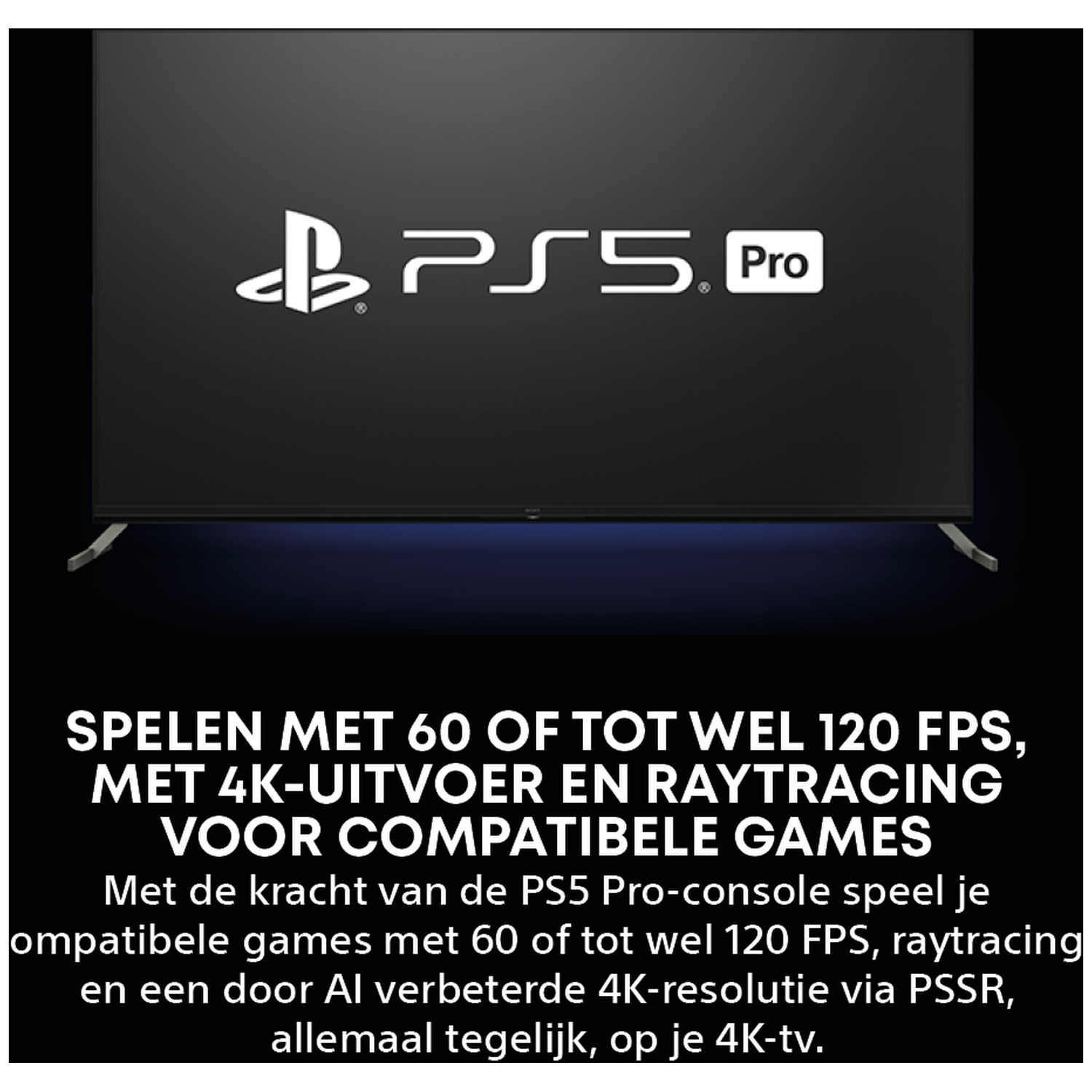 PS5 Pro logo op donkere achtergrond, tekst over gameprestaties.