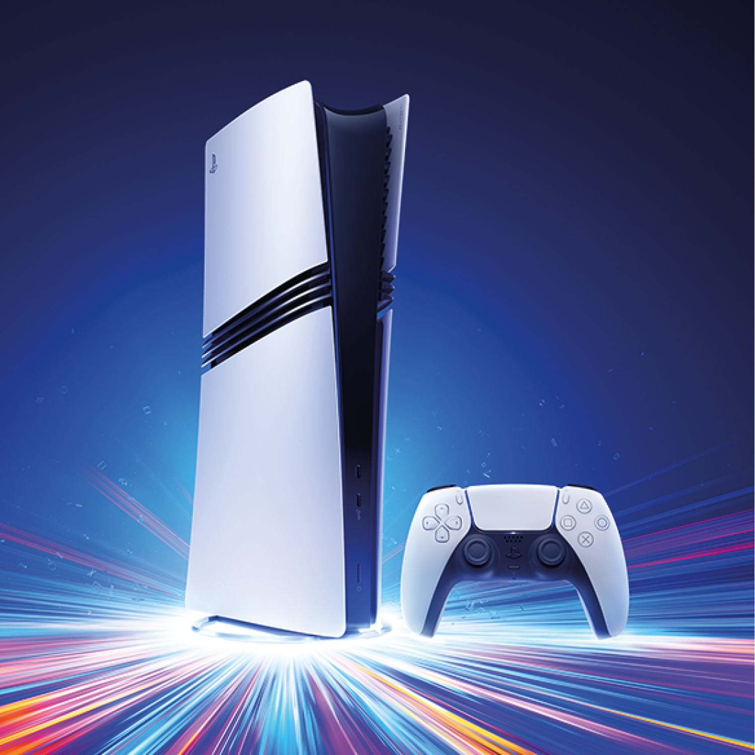 Een witte spelconsole en controller worden weergegeven tegen een blauwe achtergrond met lichteffecten.
