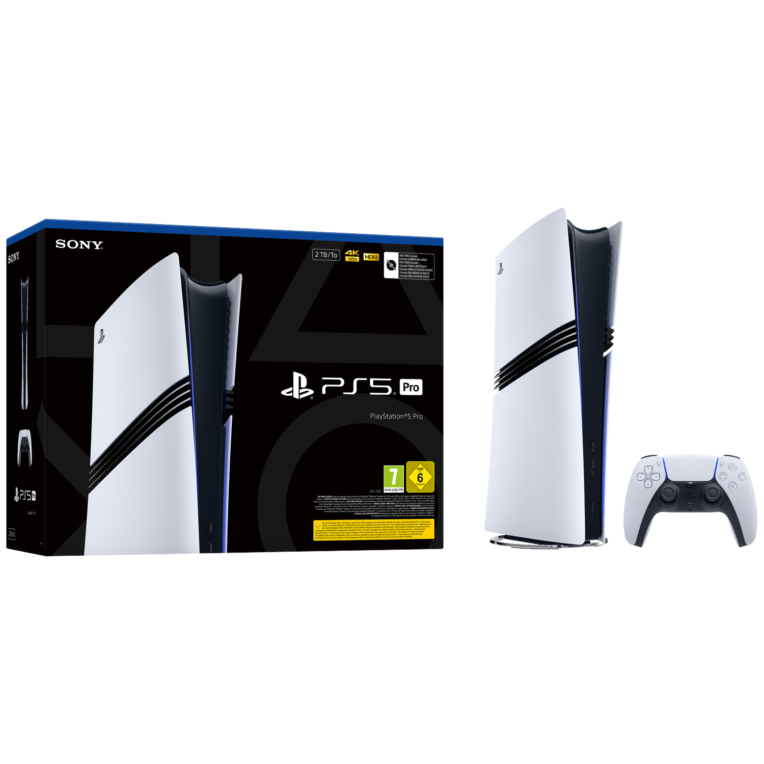PlayStation 5 Pro console met controller en doos op zwarte achtergrond.