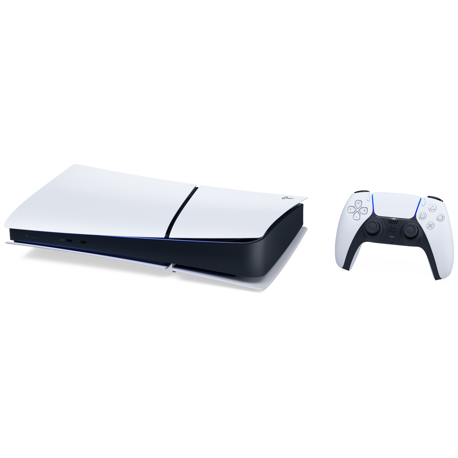 A white PlayStation 5 console and controller are shown on a white background.