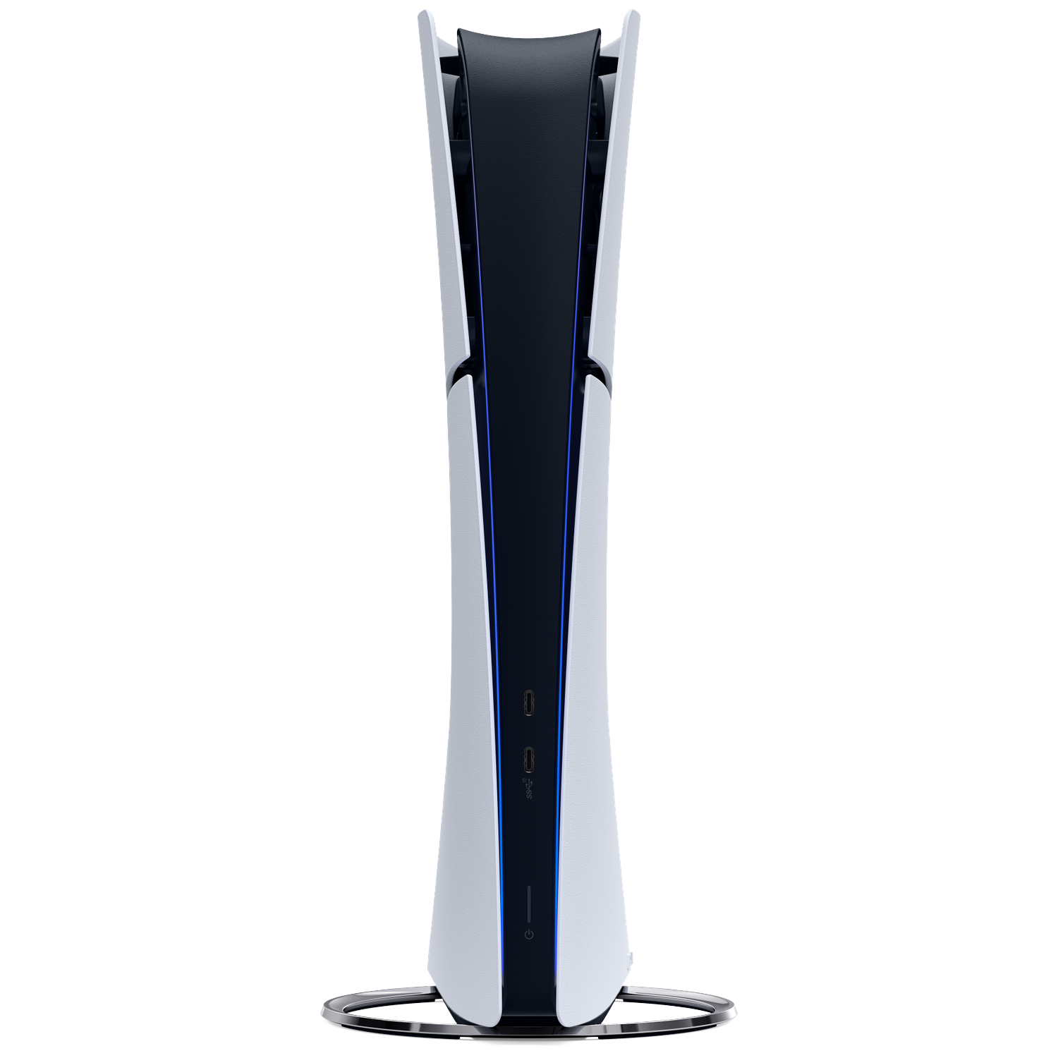A sleek, white and black PlayStation 5 console design with blue LED accents.