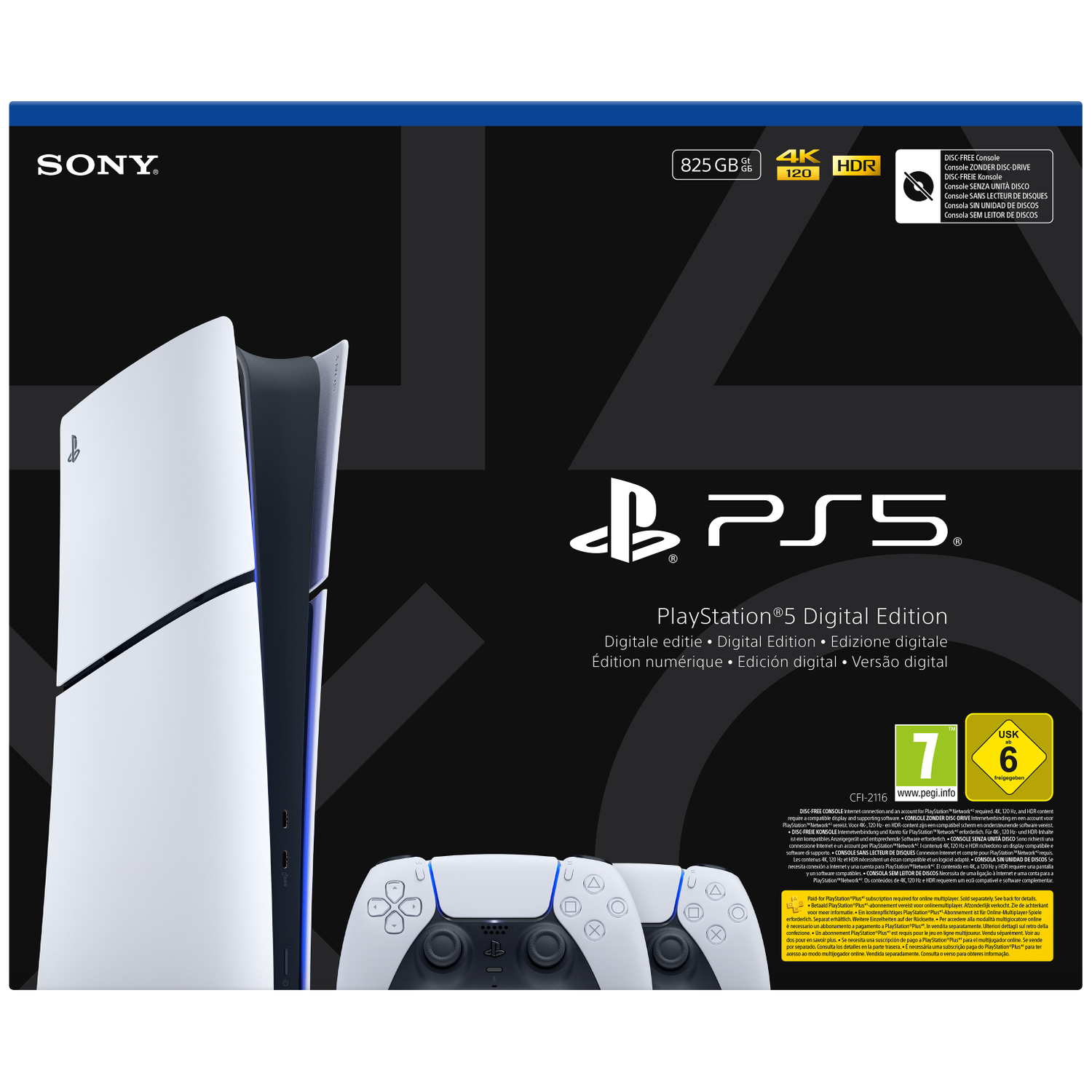 Sony PlayStation 5 Digital Edition console with controllers and info text.