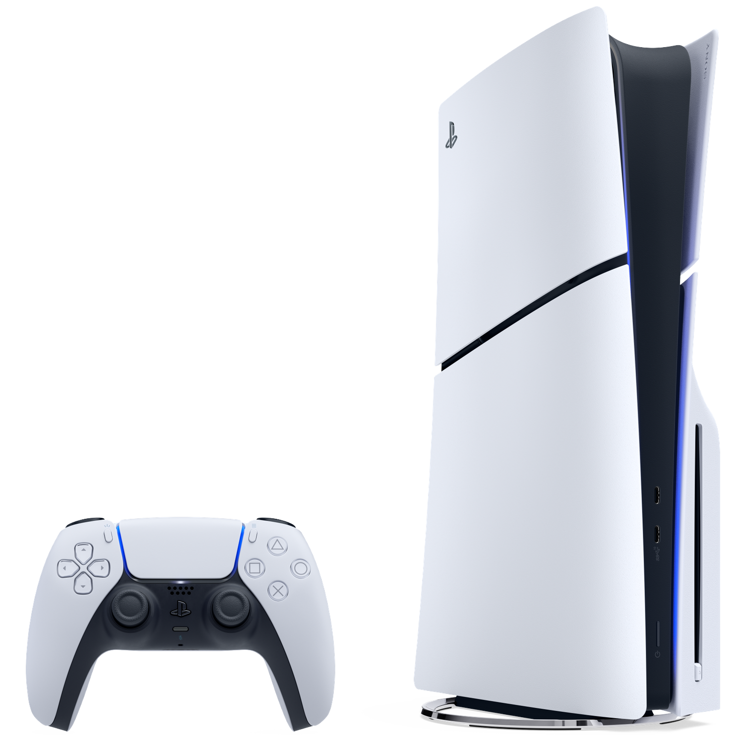 A white PlayStation 5 console next to a white DualSense controller.