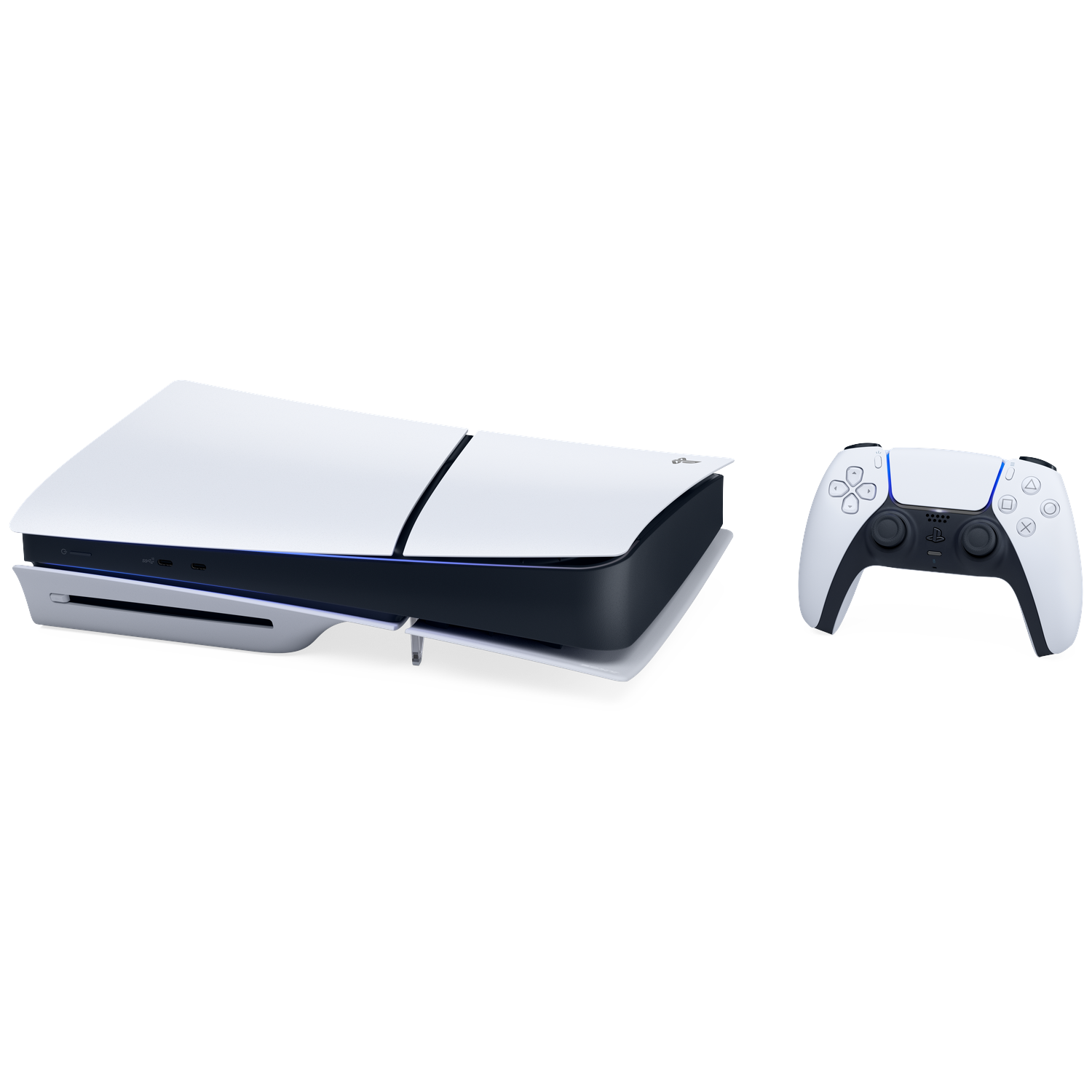 A white gaming console with a black core and a matching controller.