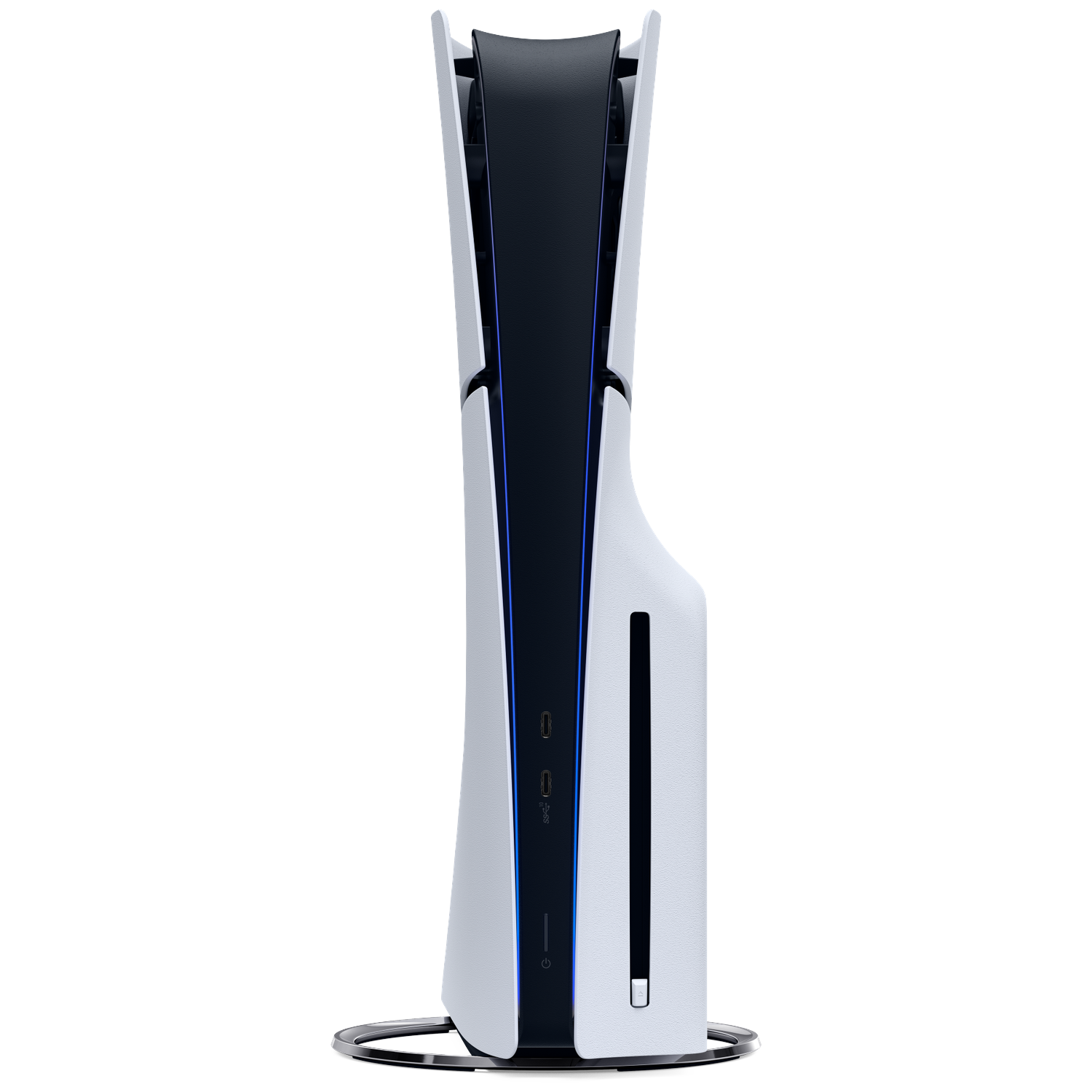 A white and black game console with blue accents stands on a base.
