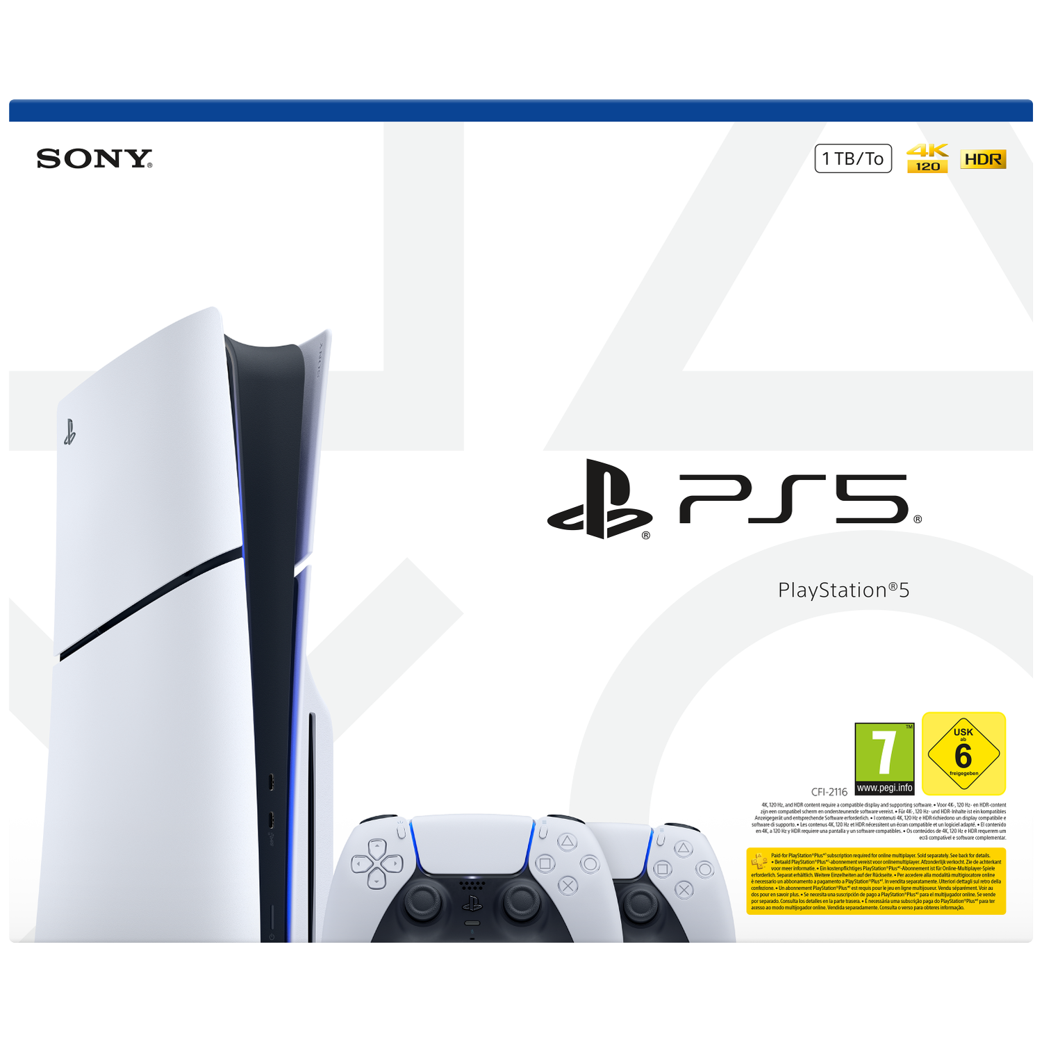 Sony PlayStation 5 console with controller, 1 TB storage, 4K, 120 Hz, HDR.