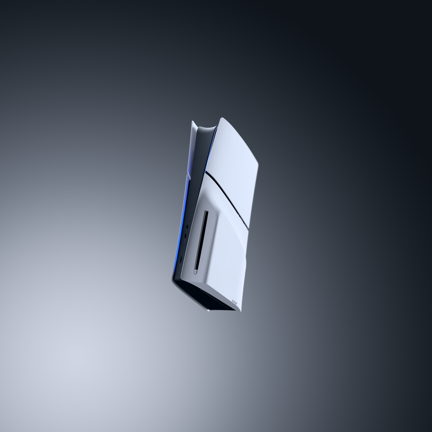 A sleek white device with blue lights hovers against a dark background.
