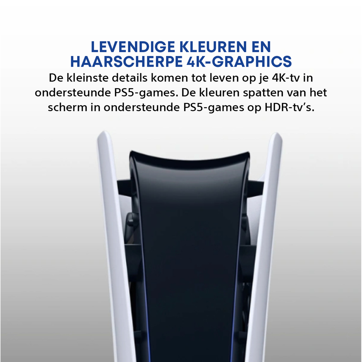 Part of a black and white game console with text 'Vivid colors and razor-sharp 4K graphics'.