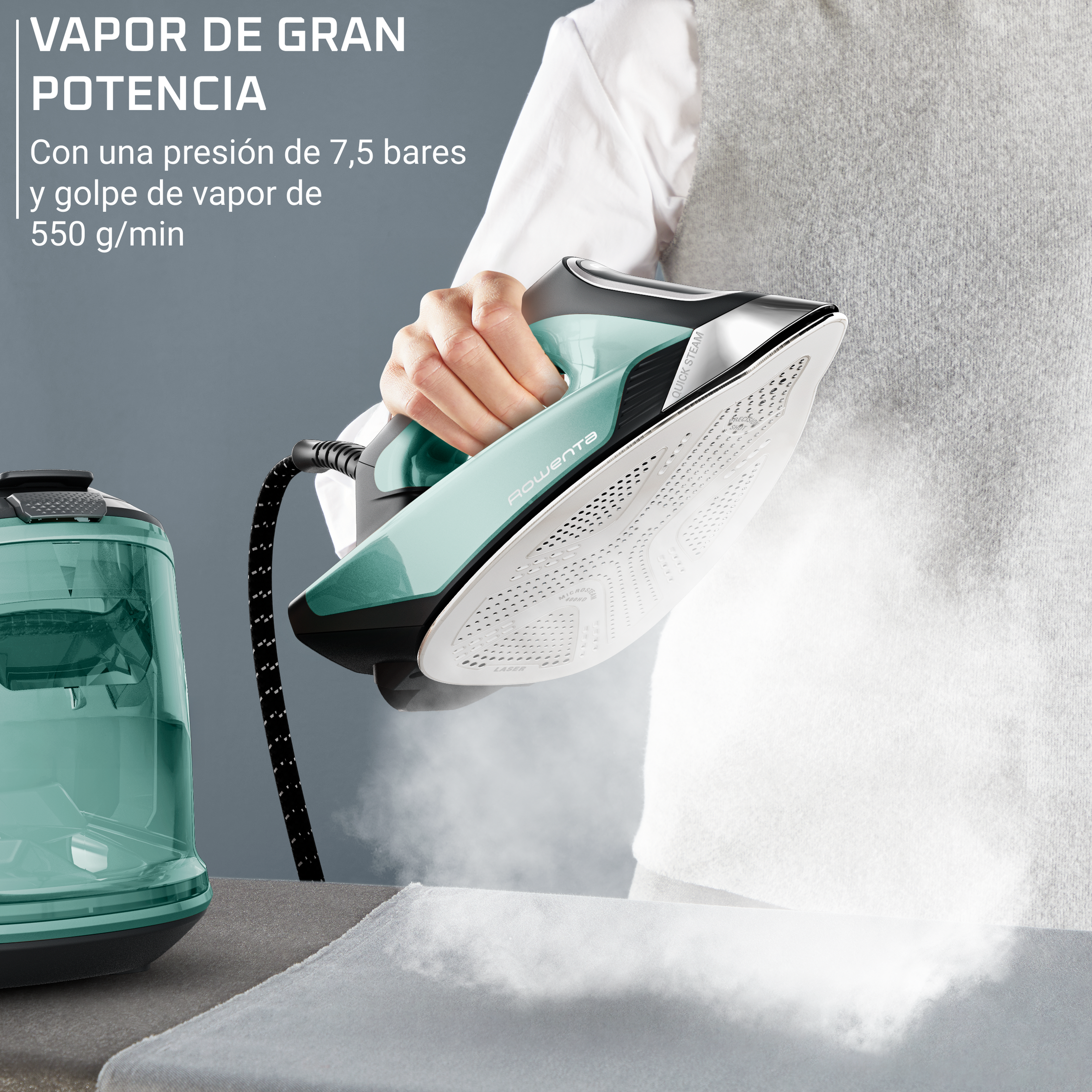Vapor de gran potencia, con una presión de 7,5 bares y golpe de 550 g/min