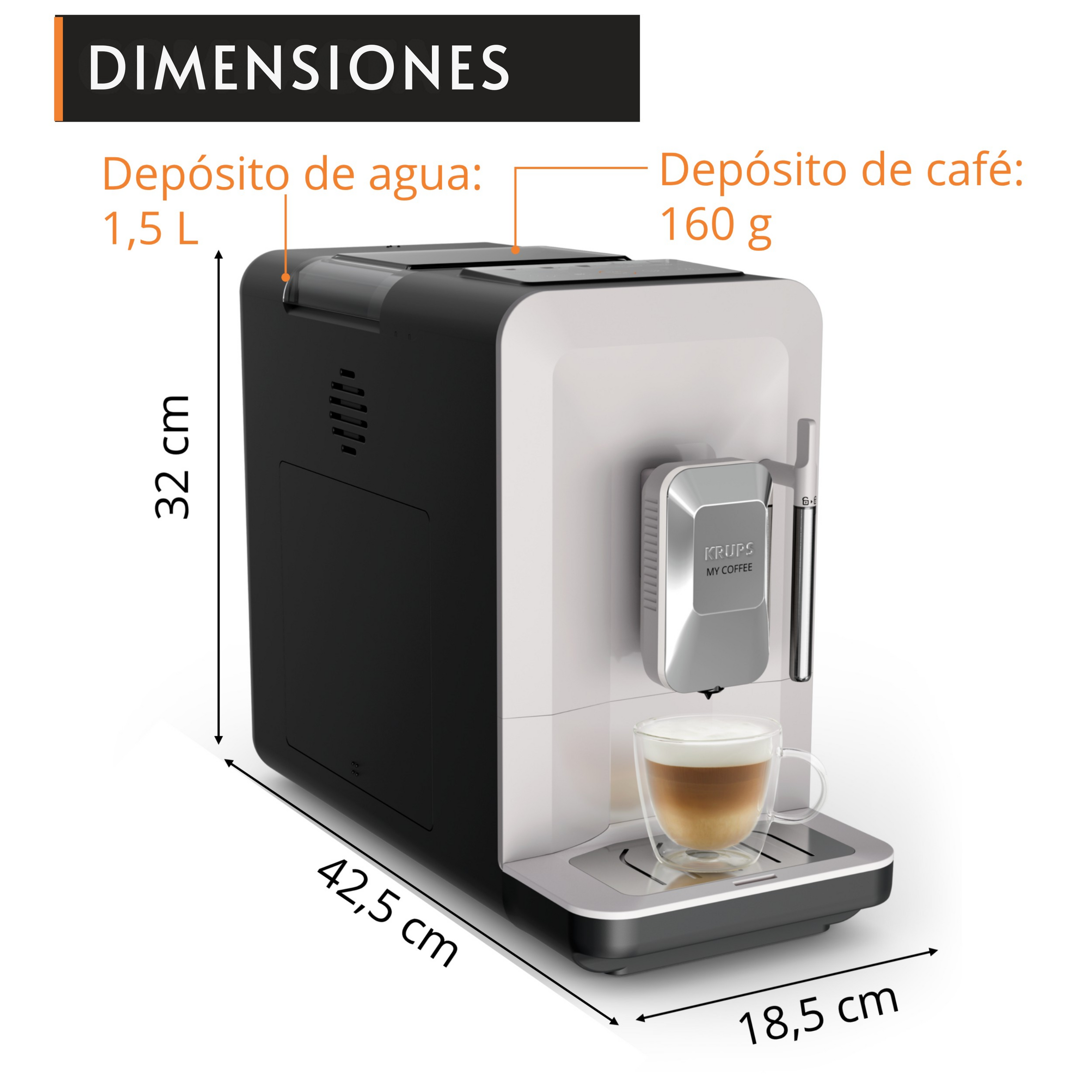 Cafetera con depósito de agua (1,5L) y depósito de café (160g).