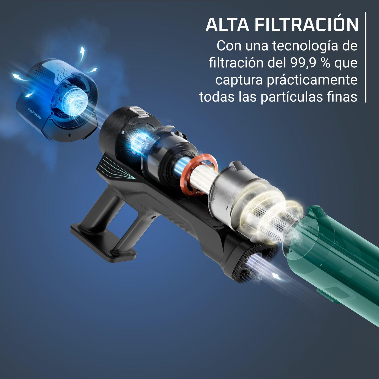 Alta filtración con tecnologia de filtracion del 99,9% que captura practicamente todas las particulas finas