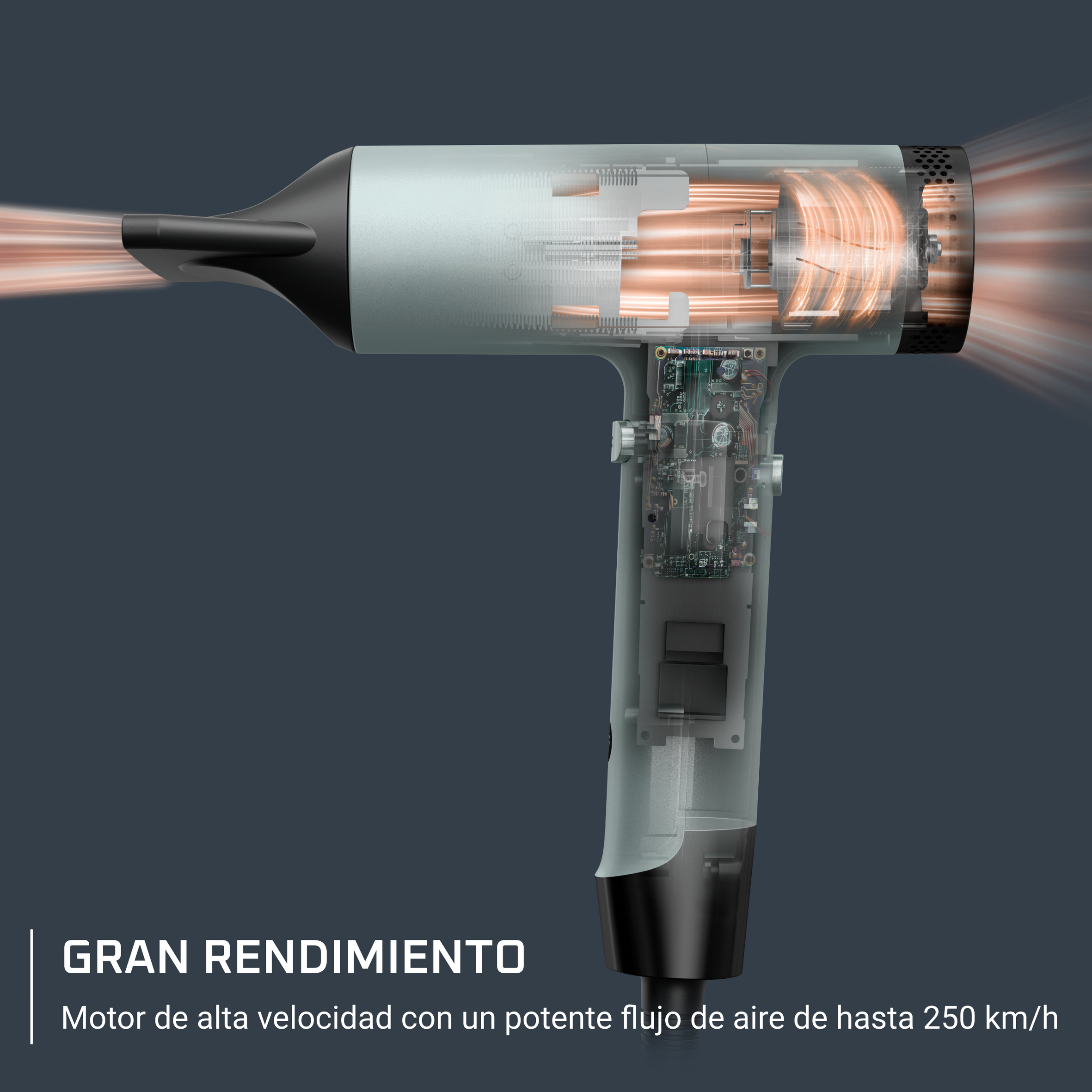 Gran Rendimiento. Motor de alta velocidad con un potente flujo de aire de hasta 250 km/h