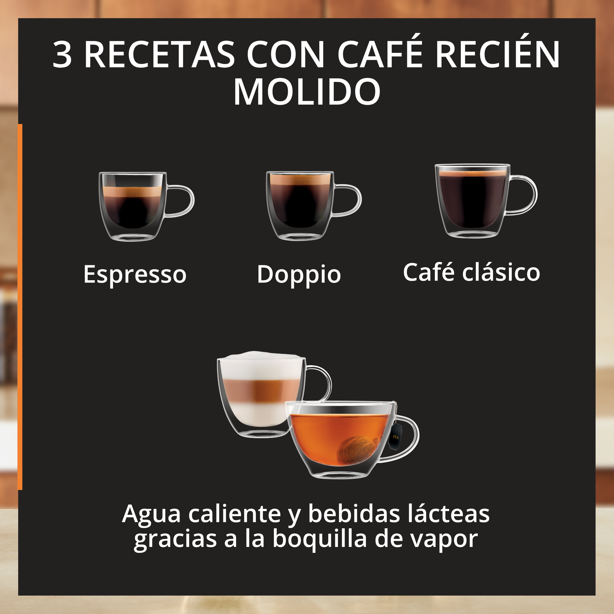 Tres recetas de café: Espresso, Doppio, Café clásico, Latte y té.