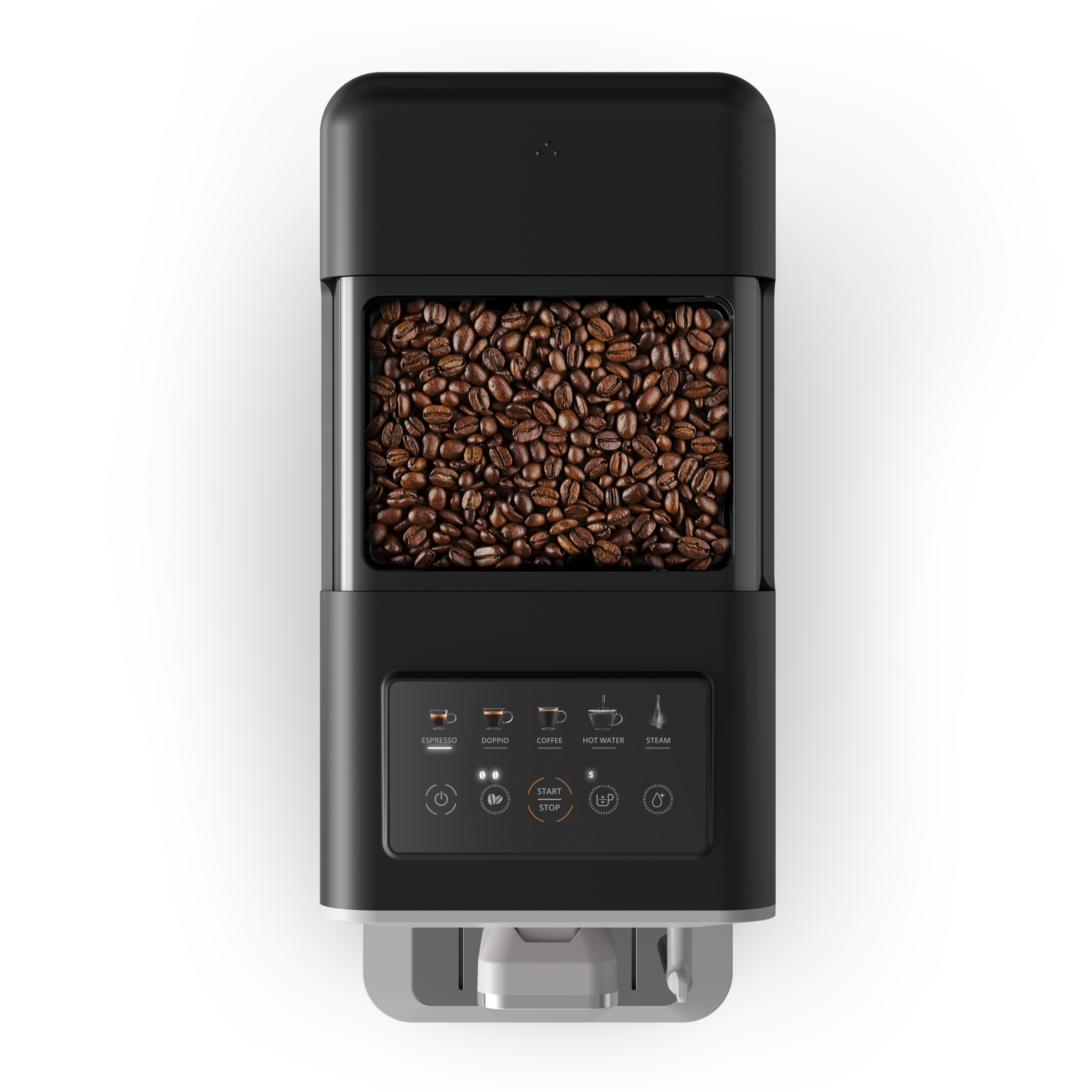 Cafetera negra con depósito de granos visible y panel de control táctil.
