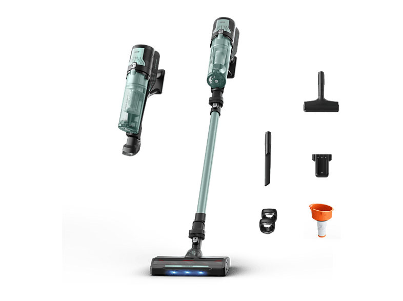 Aspirador escoba - Rowenta X-FORCE 8.80 RH1833, 250 W, 100 AW, 45 min Autonomía, 0.44 L, Ligera, 1.3 Kg, Limpieza 4 en 1, Verde, Gris