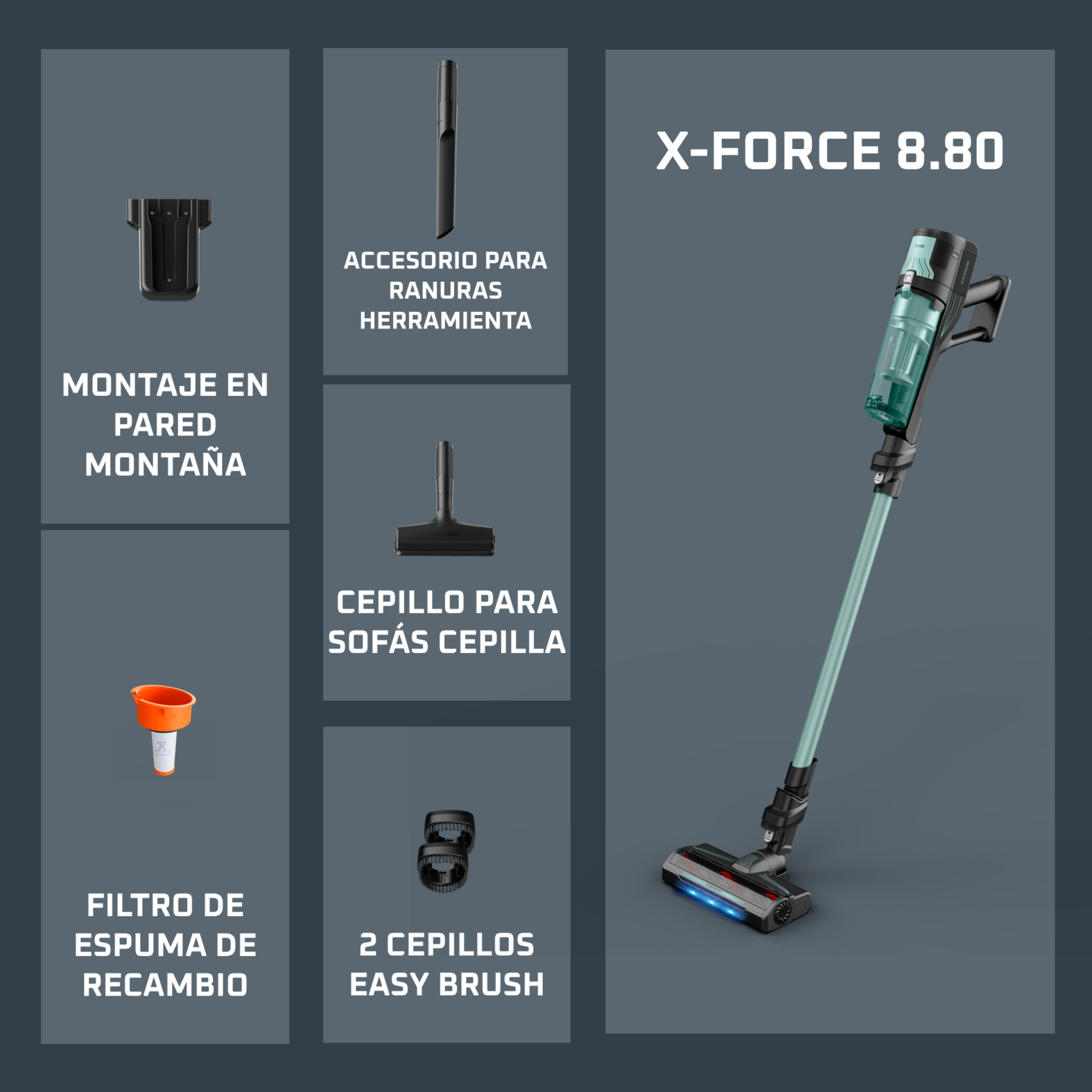 El aspirador X-Force 8.80 con accesorios: soporte pared, boquilla, filtro espuma, cepillo, 2 cepillos.