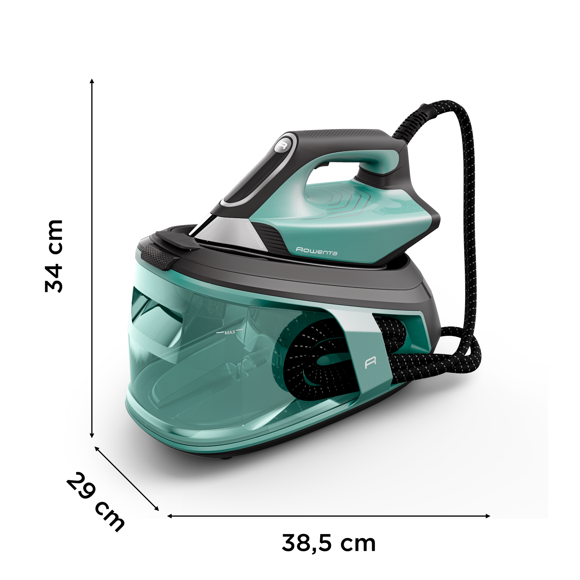 Una plancha de vapor Rowenta azul verdoso y negra con depósito. Dimensiones mostradas.