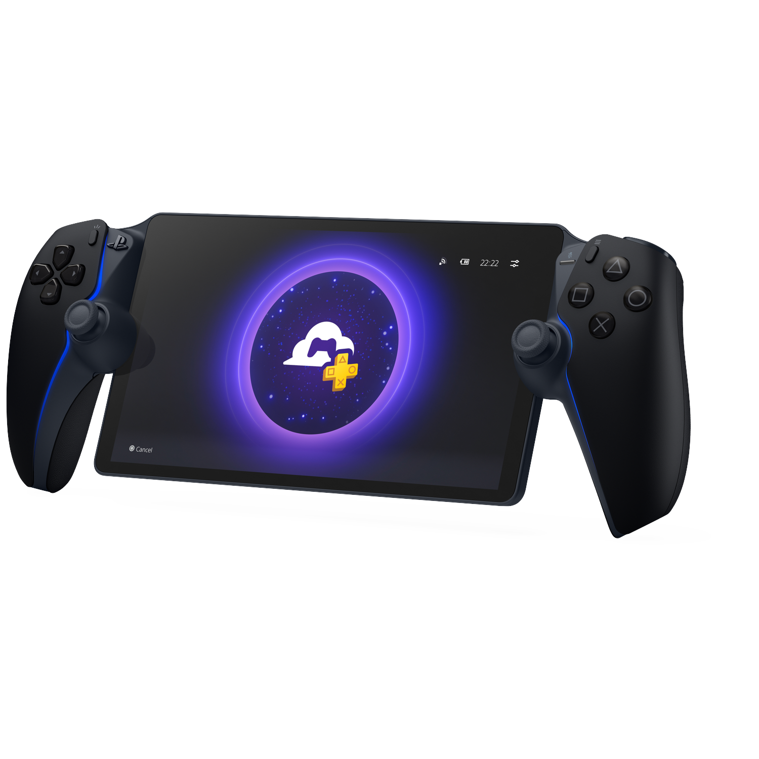 Black handheld console with a screen showing a cloud icon and purple ring.