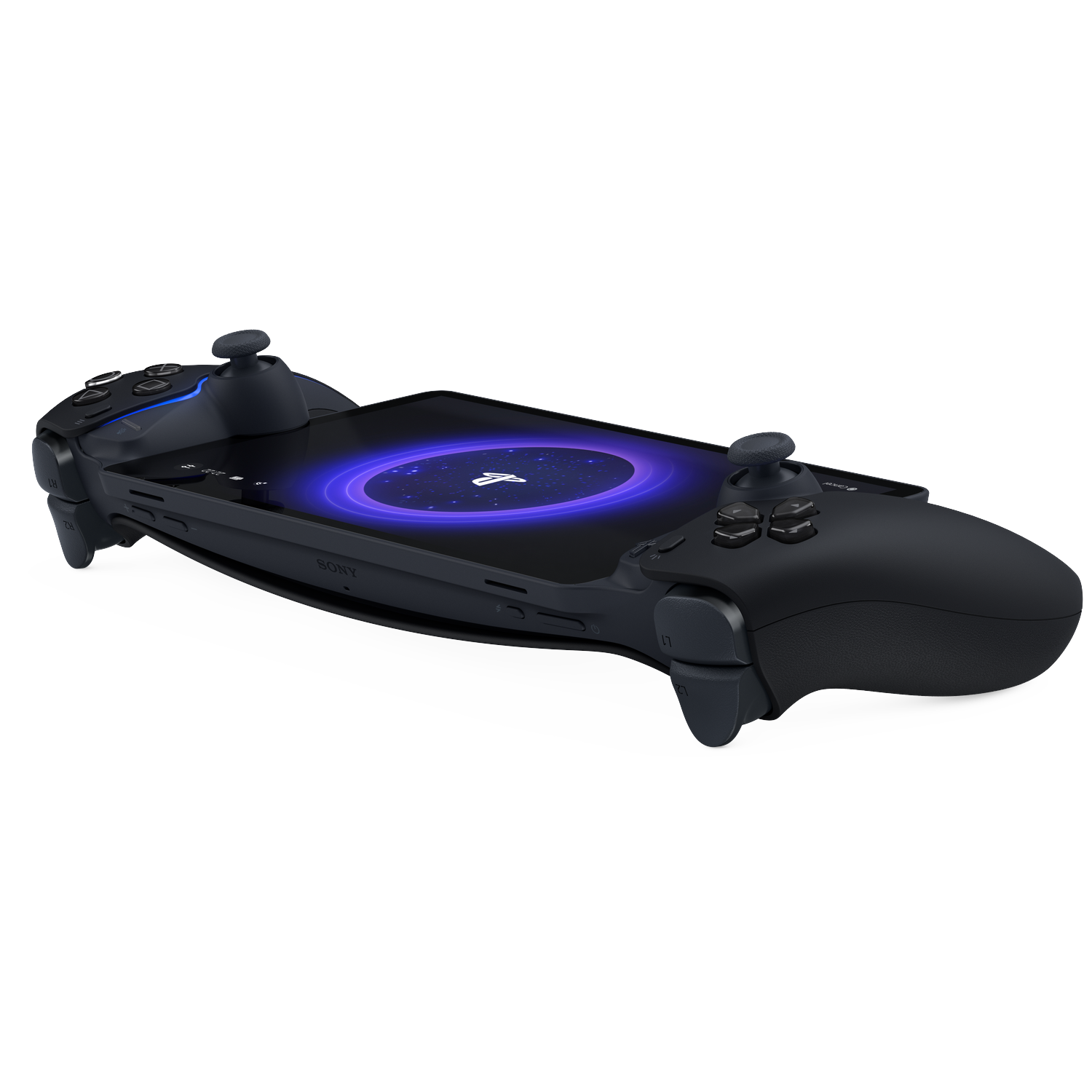 Black gaming controller with a smartphone attached, displaying a blue circular graphic.
