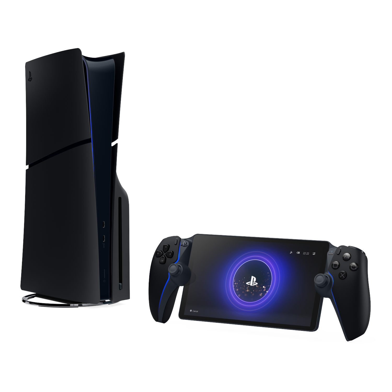 Black PlayStation 5 console and handheld controller with glowing blue accents.