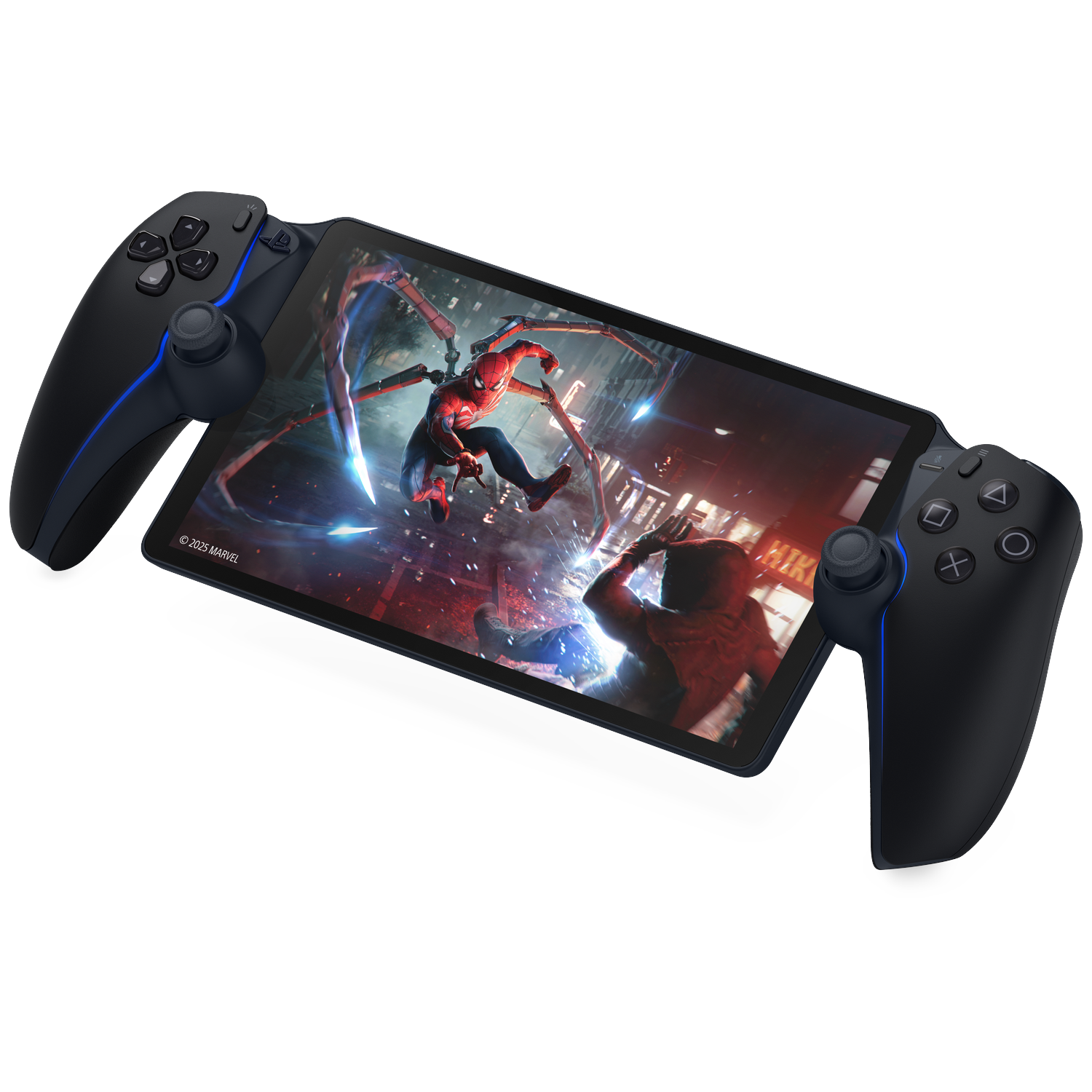 A black gaming device with two controllers, displaying Spiderman in action.