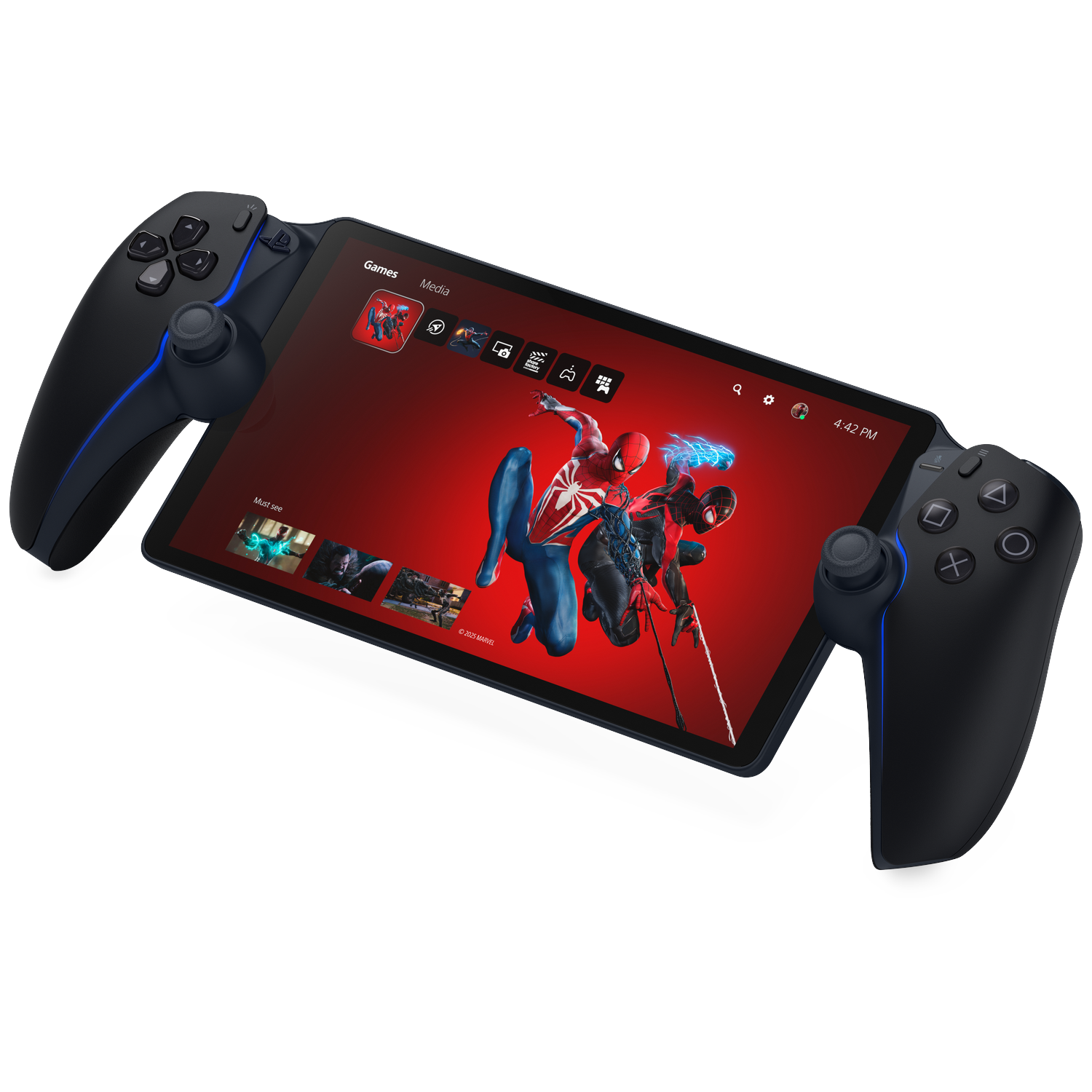 A black tablet with two controller grips, displaying the Spiderman game on screen.