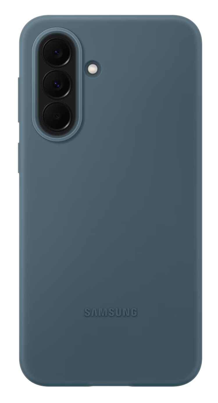 Granatowe etui na telefon z trzema aparatami i lampą błyskową. Logo Samsung na dole.