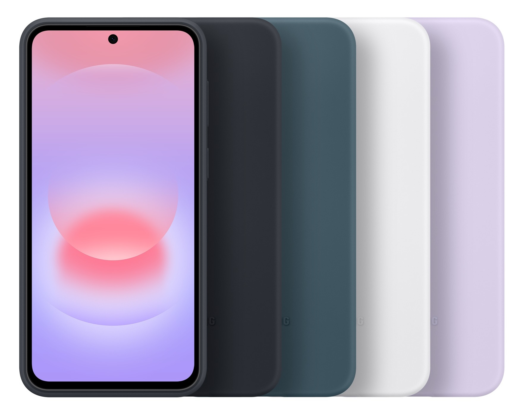 Smartfon z fioletowo-czerwoną grafiką obok czterech kolorowych etui.