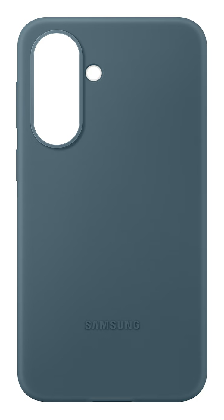 Ciemnoniebieskie etui na telefon Samsung z wycięciem na aparat i logo.