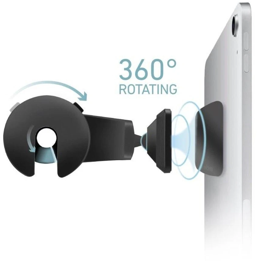 Ein schwarzer Handyhalter mit 360°-Drehfunktion wird an einem Tablet befestigt.