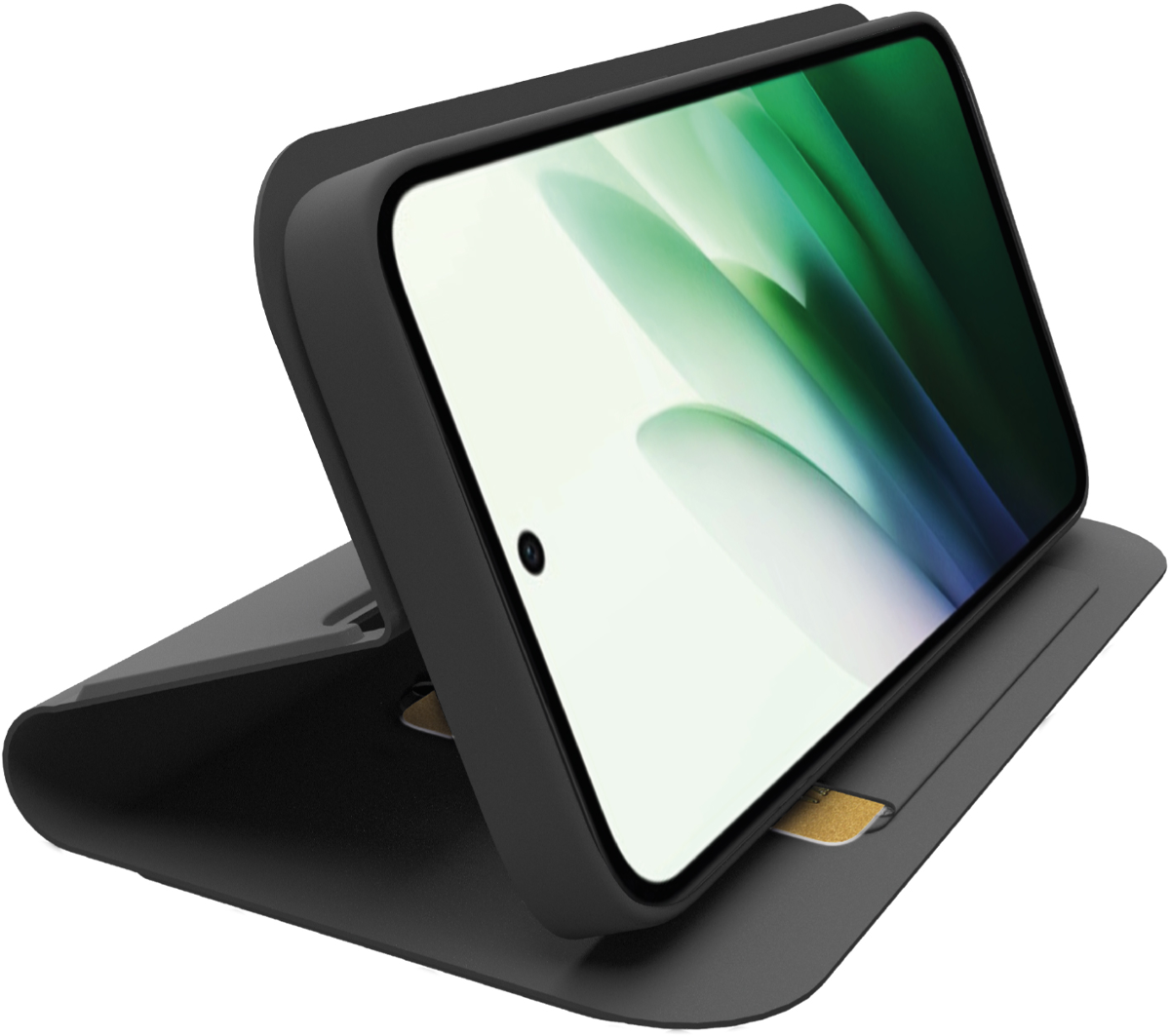 Ein schwarzes Smartphone liegt in einer schwarzen Hülle, die als Ständer dient.