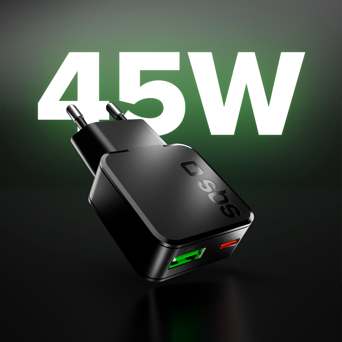 Schwarzes 45W Ladegerät mit SBS-Logo und zwei Anschlüssen.