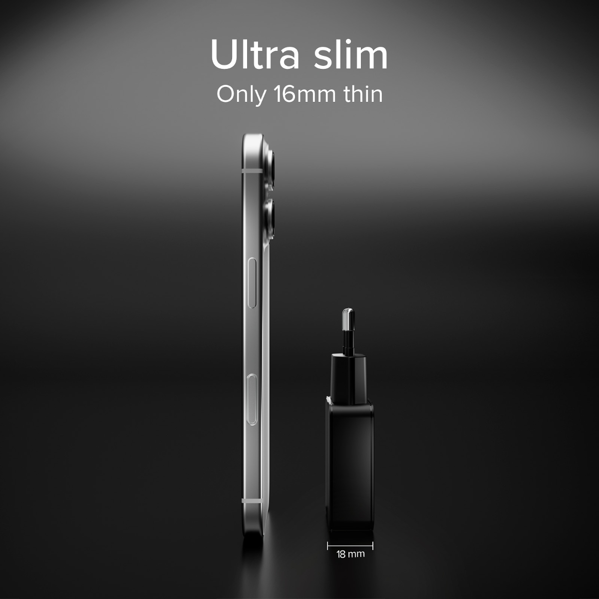 Ein schlankes Smartphone neben einem kleinen schwarzen Ladegerät mit 18mm Breite.