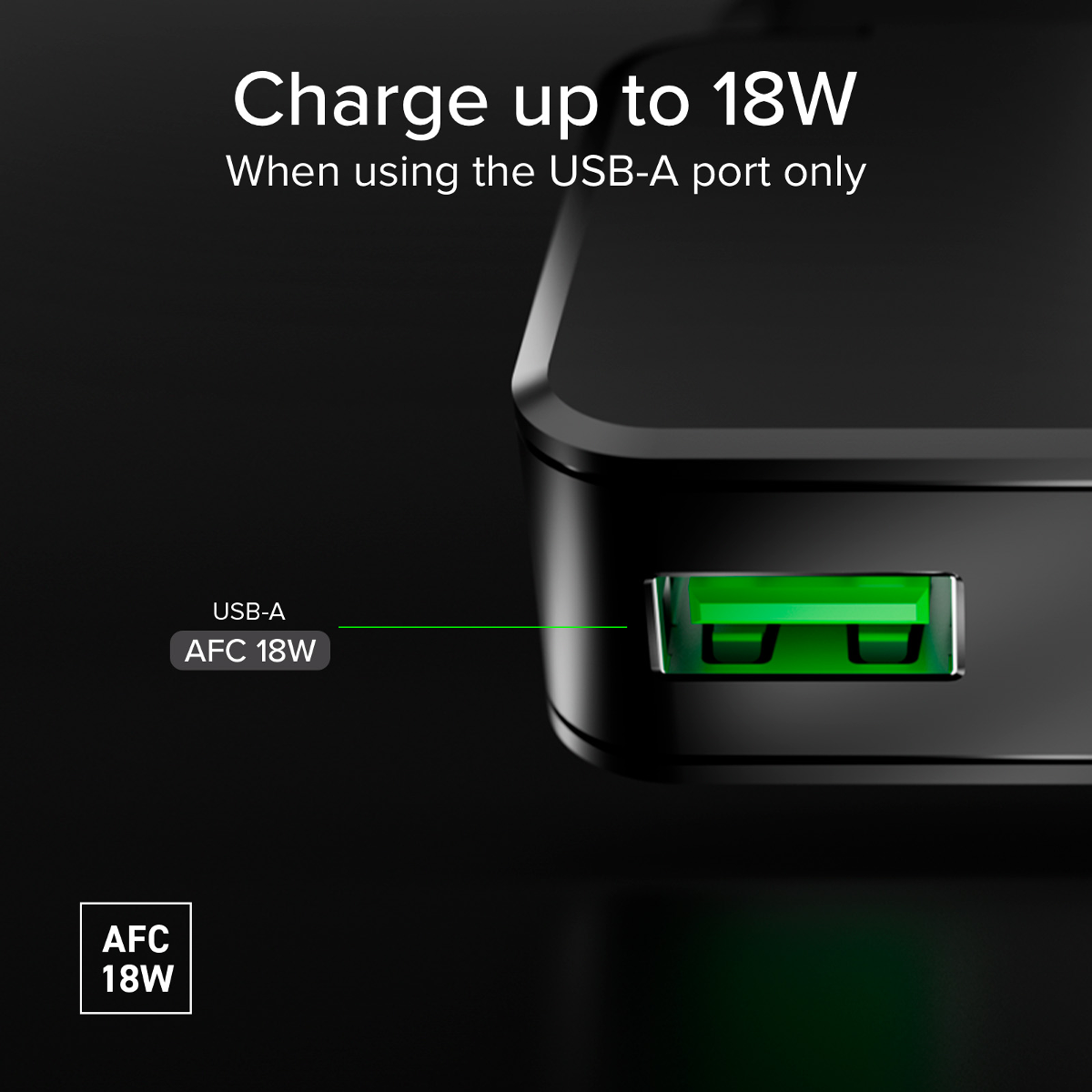 Schwarzes Ladegerät mit USB-A-Anschluss, lädt bis zu 18W.