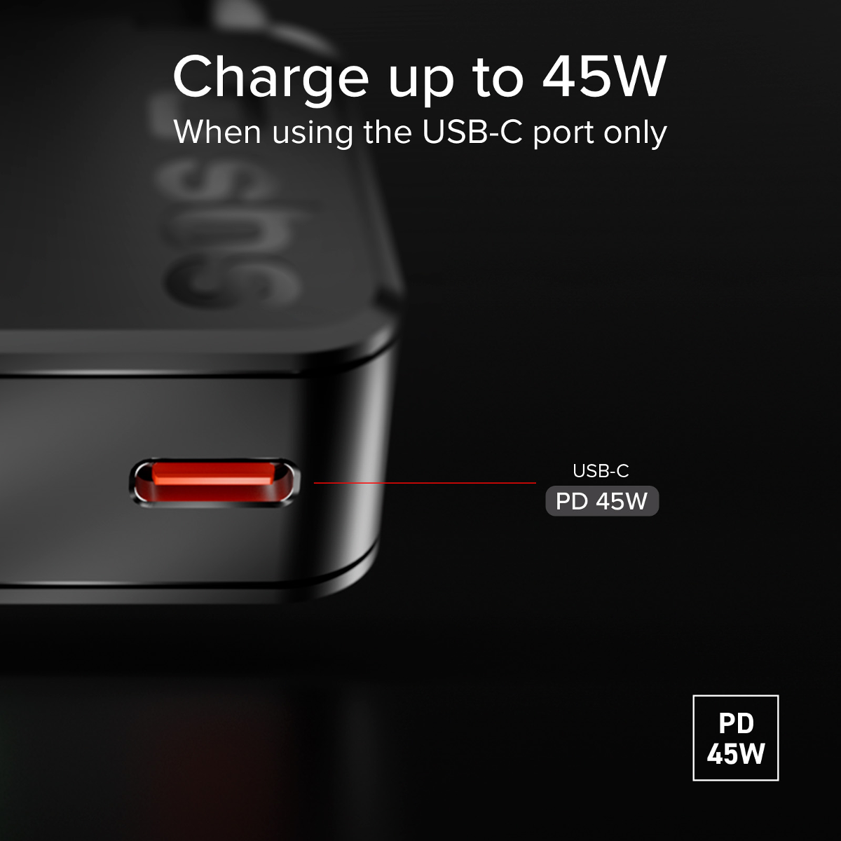 Schwarzes Ladegerät mit USB-C-Anschluss, 45W PD.