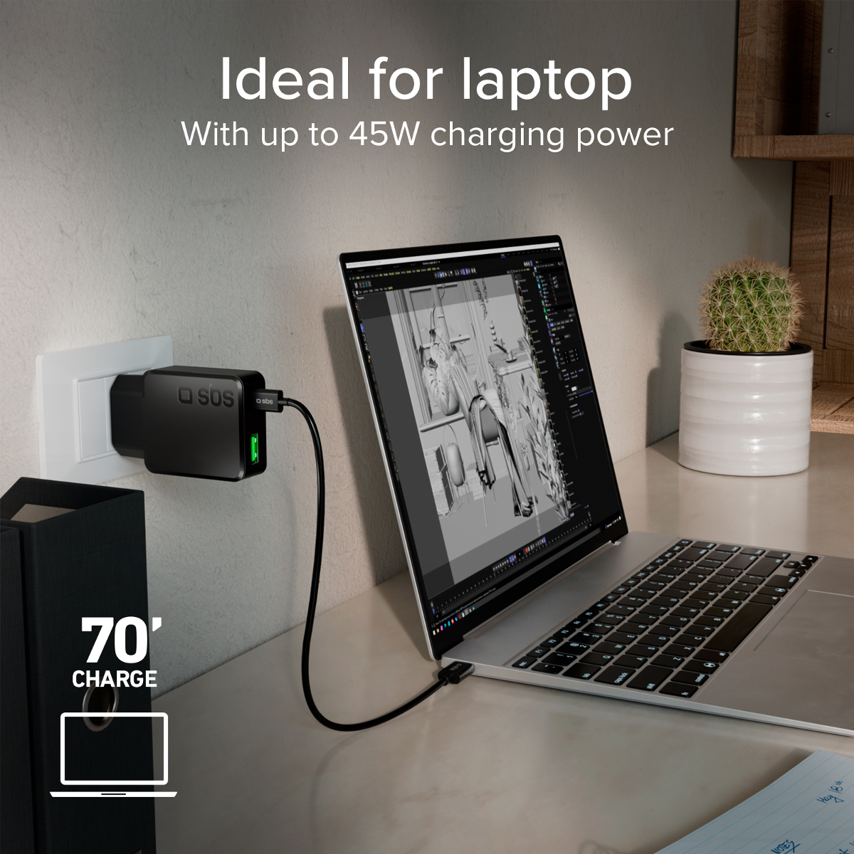 Ein schwarzer Laptop-Ladegerät ist in eine Steckdose gesteckt und lädt einen Laptop.