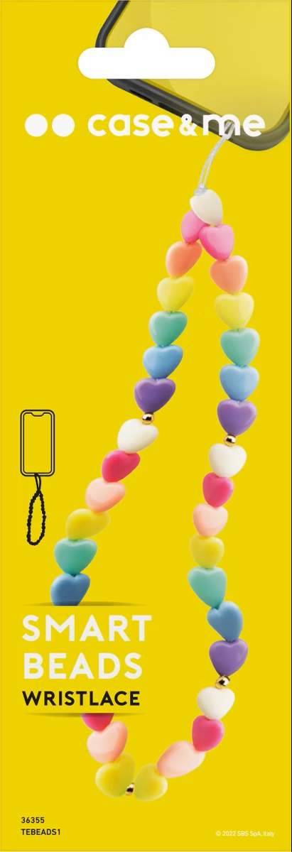 Bunte Herzperlen-Handykette mit 'SMART BEADS WRISTLACE'-Aufdruck auf gelbem Hintergrund.