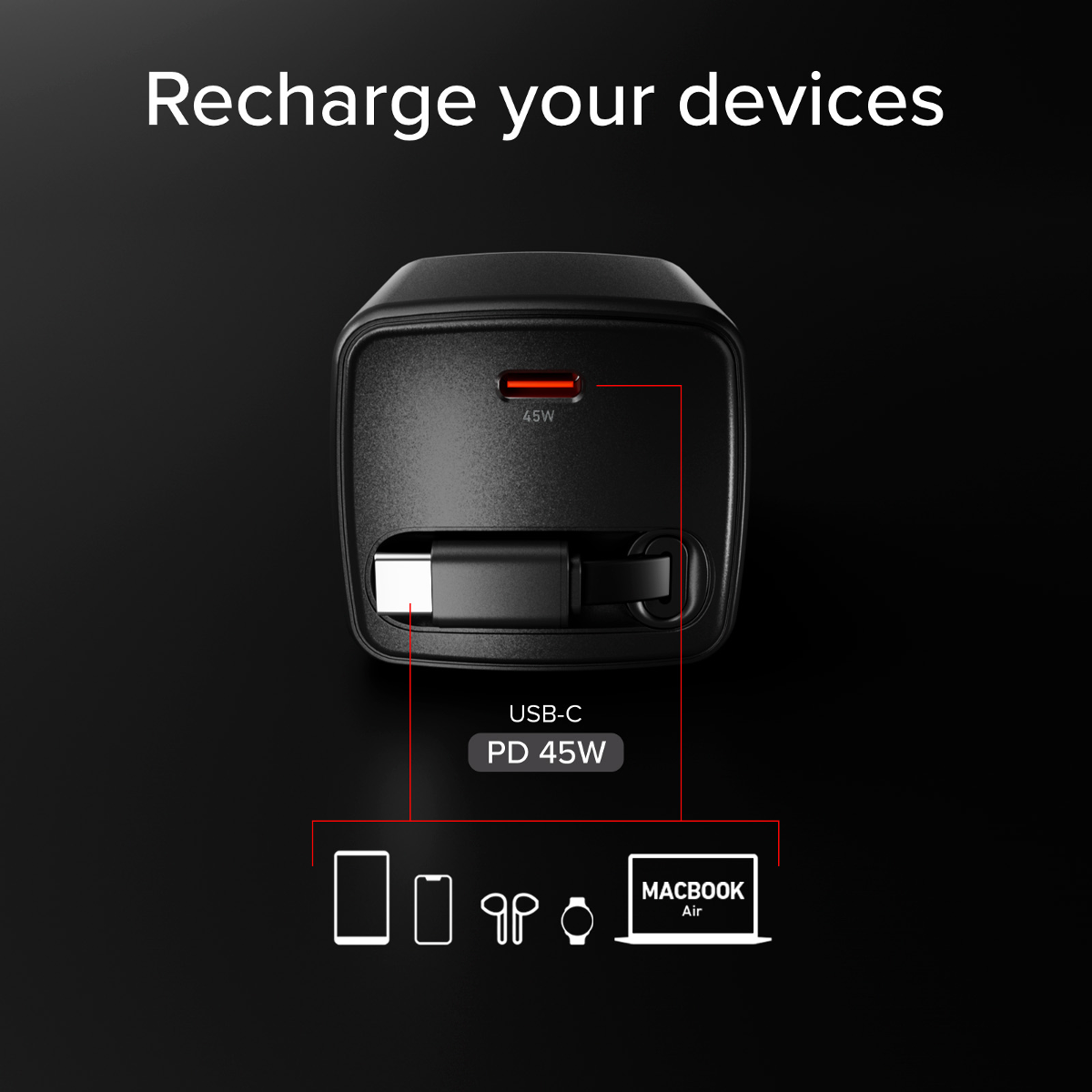 Schwarzes 45W USB-C PD Ladegerät mit leuchtend orangefarbenem Anschluss. Angezeigte Geräte: Telefon, Ohrhörer, Uhr, MacBook Air.