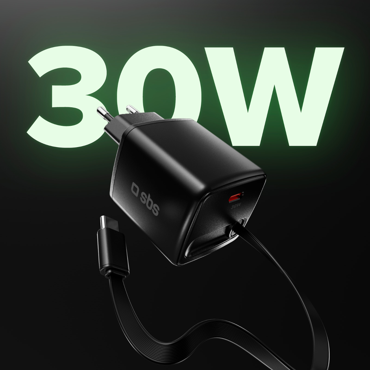 Schwarzer 30W USB-C Ladestecker mit Kabel, leuchtend grüner Schriftzug.