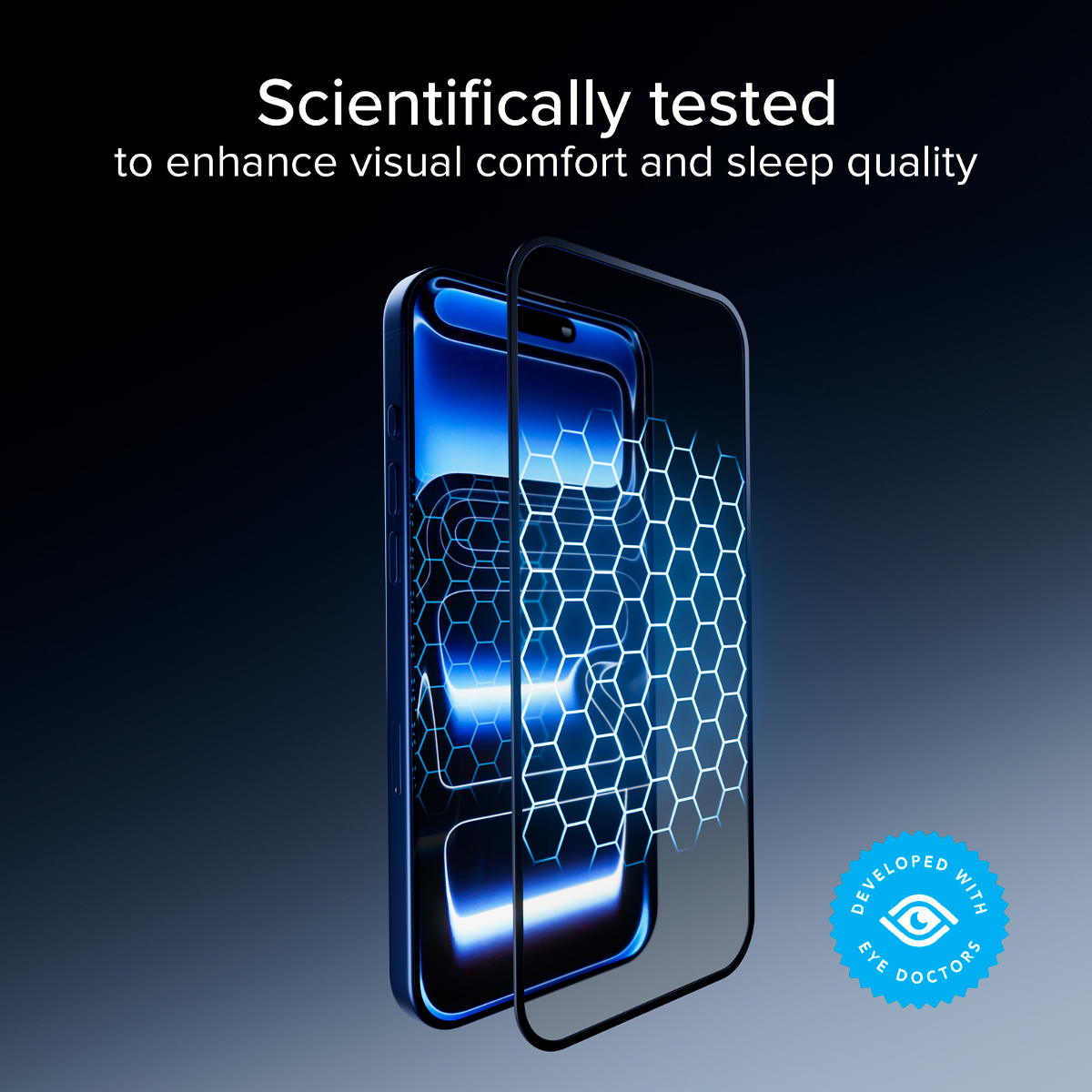 Ein blauer Smartphone-Bildschirm mit einem transparenten Overlay, das ein Wabengitter zeigt.