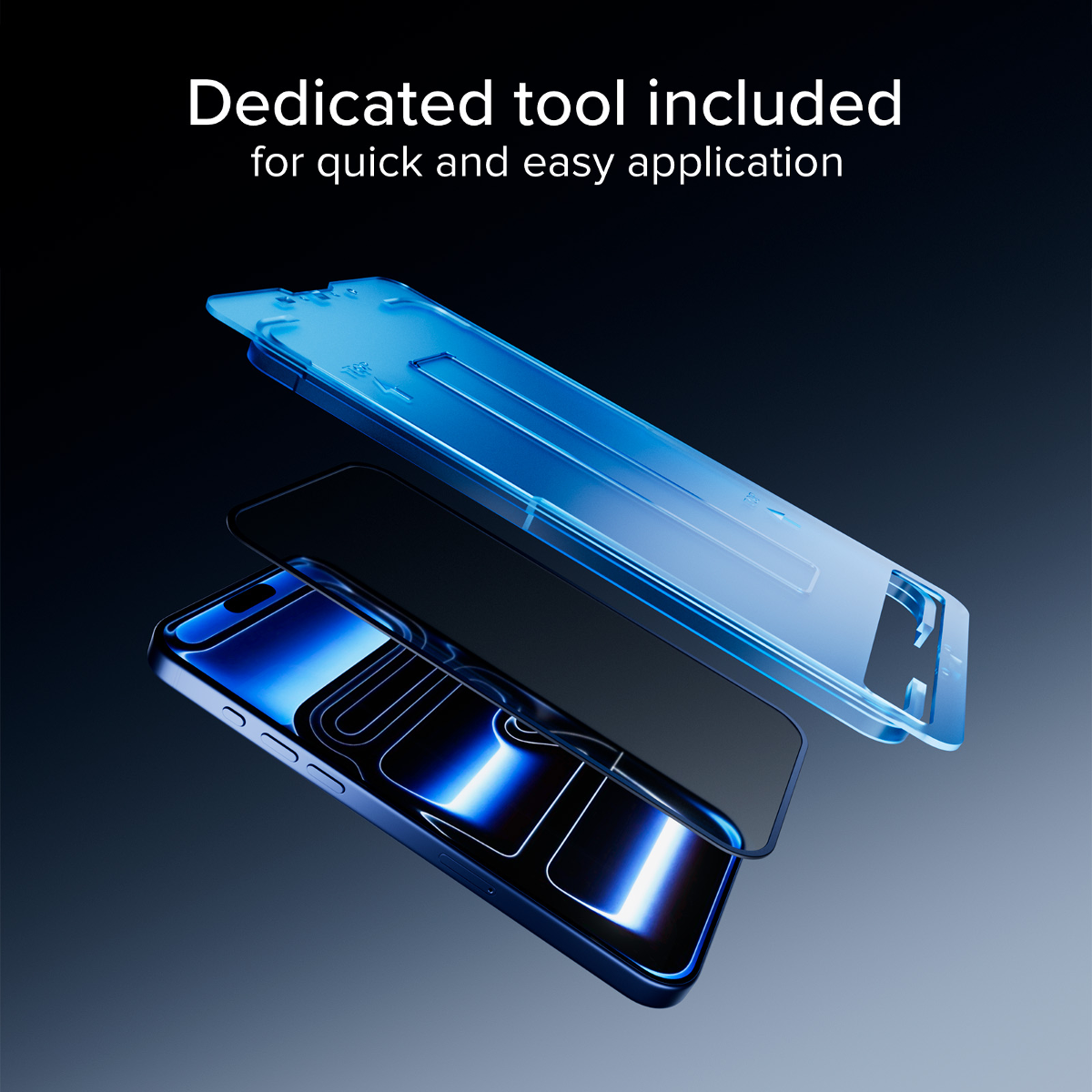 Ein blaues Werkzeug liegt über einem Handy mit angelegtem Displayschutz.
