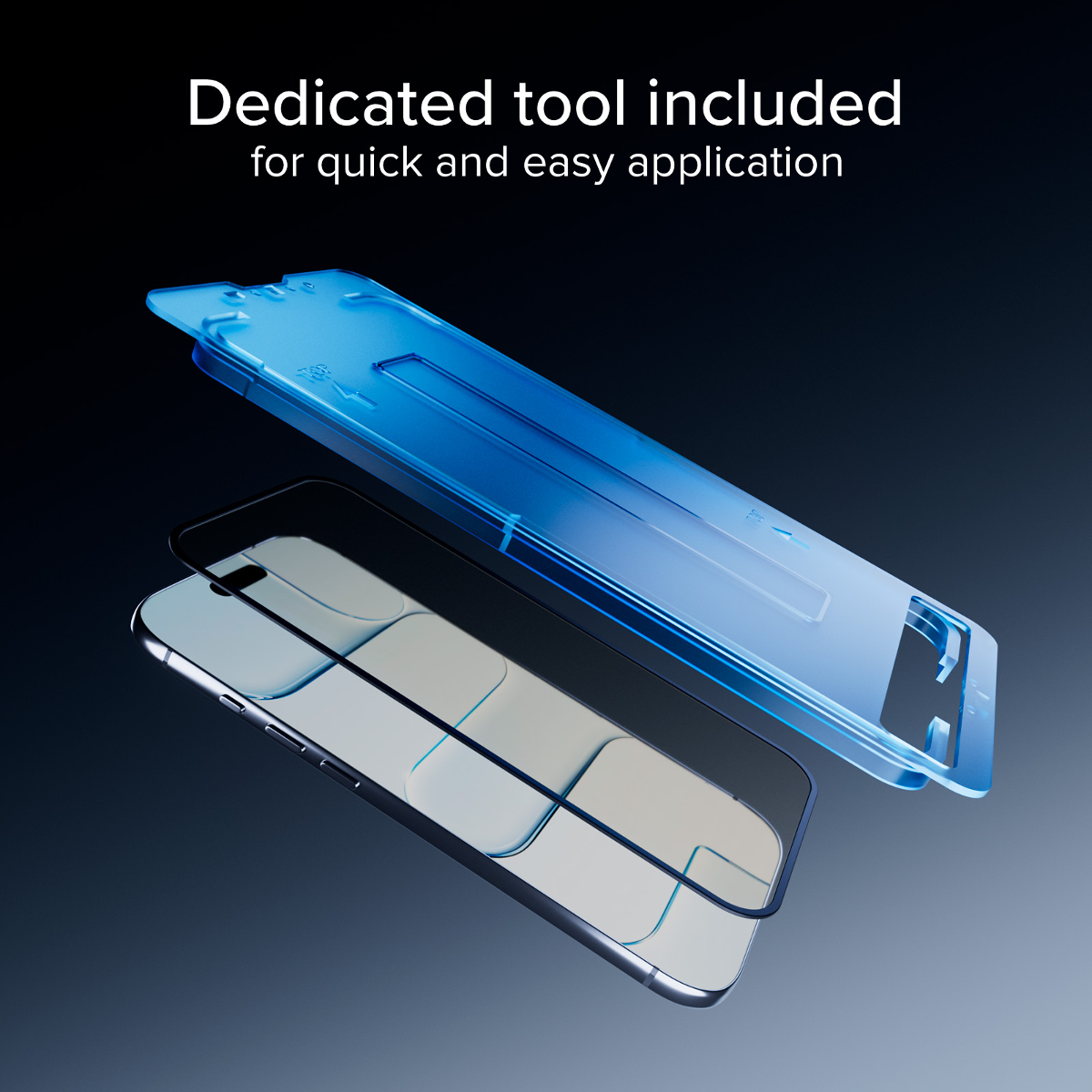 Blaues Kunststoff-Applikatorwerkzeug über einem silbernen Smartphone mit Displayschutz.