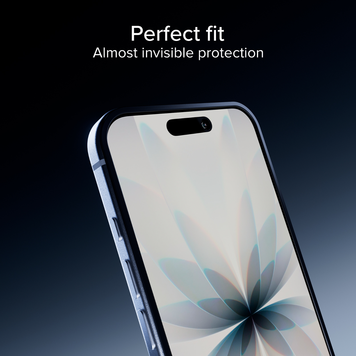Dunkler Hintergrund mit einem Ausschnitt eines Smartphones, das eine Displayschutzfolie trägt.