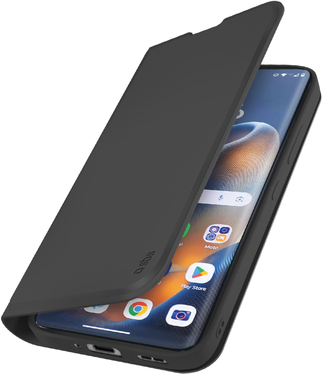 Ein schwarzes Smartphone mit einer offenen Hülle, das auf einem weißen Hintergrund liegt.