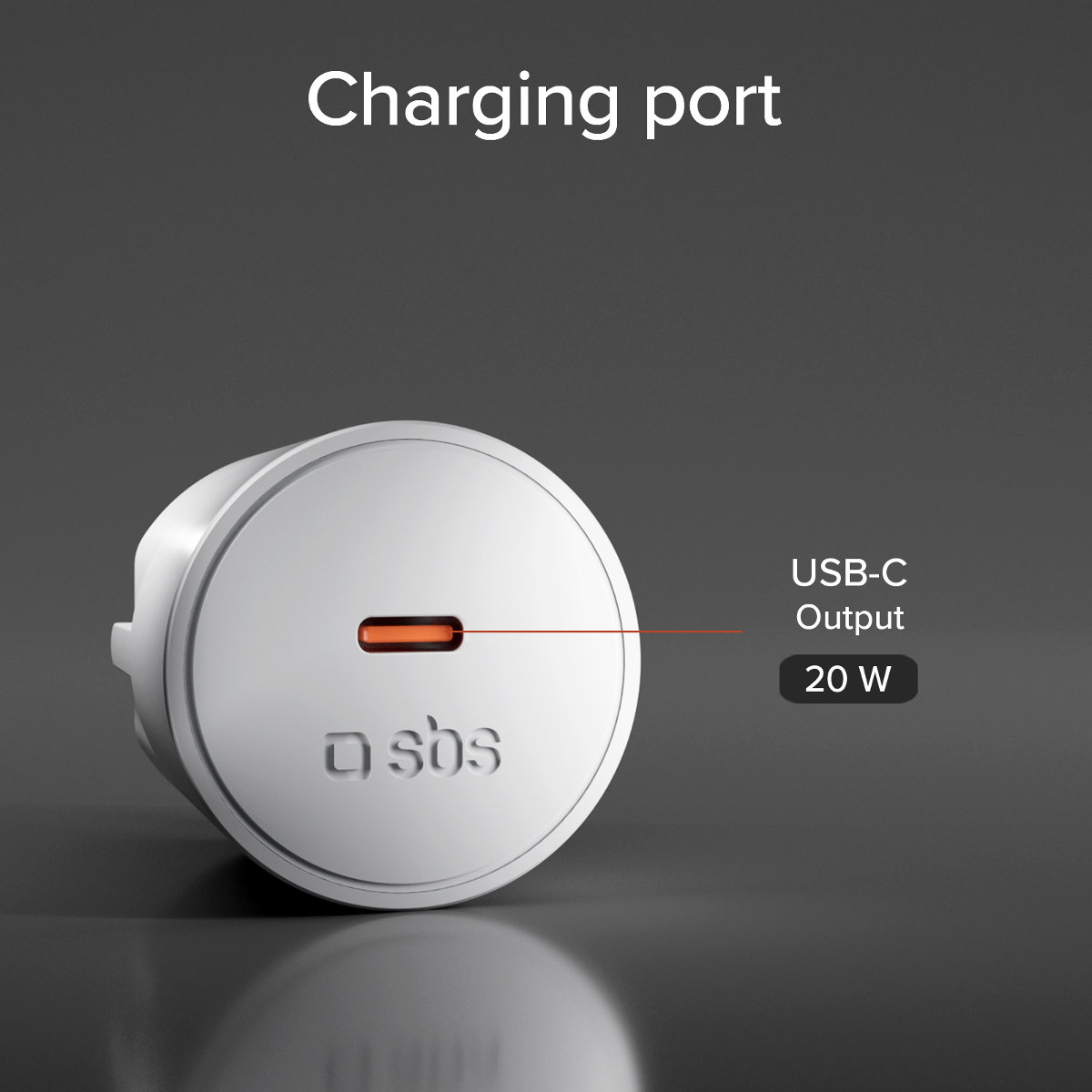 Ein weißer USB-C-Ladeadapter mit 20W Ausgangsleistung.